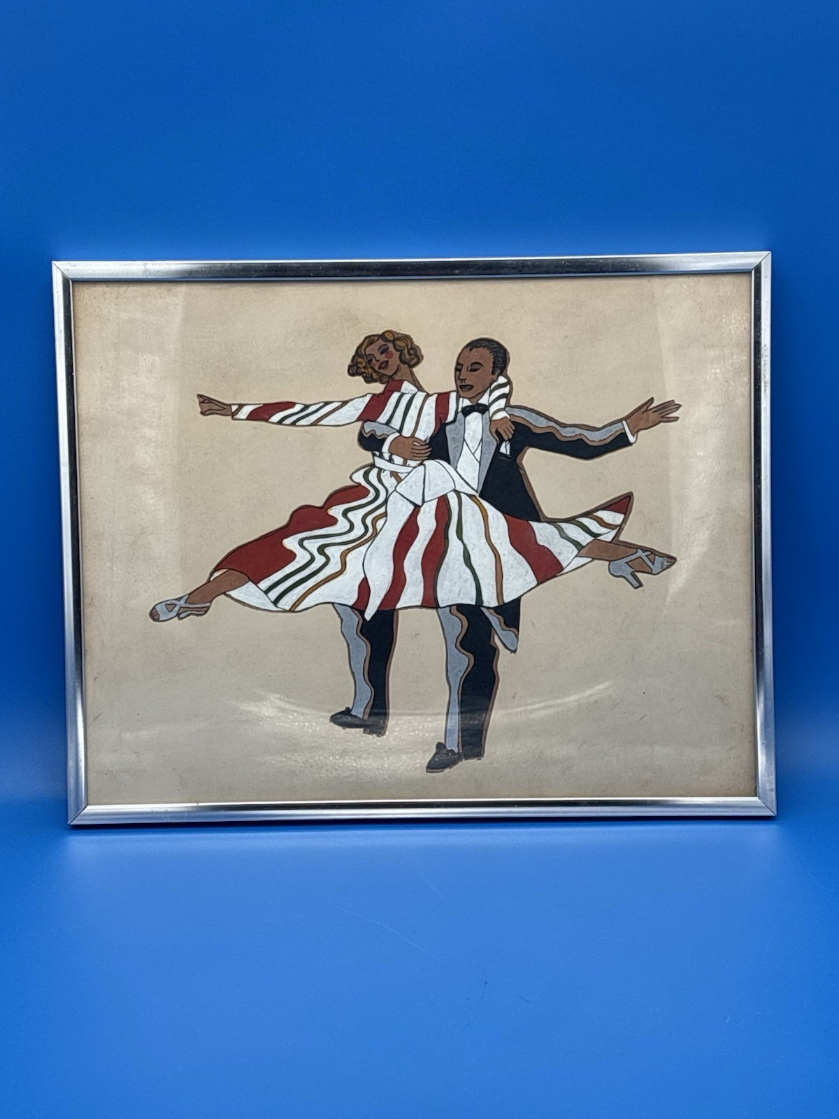 Vintage Mid Century Dancing Couple Art Reverse Painted Glass 