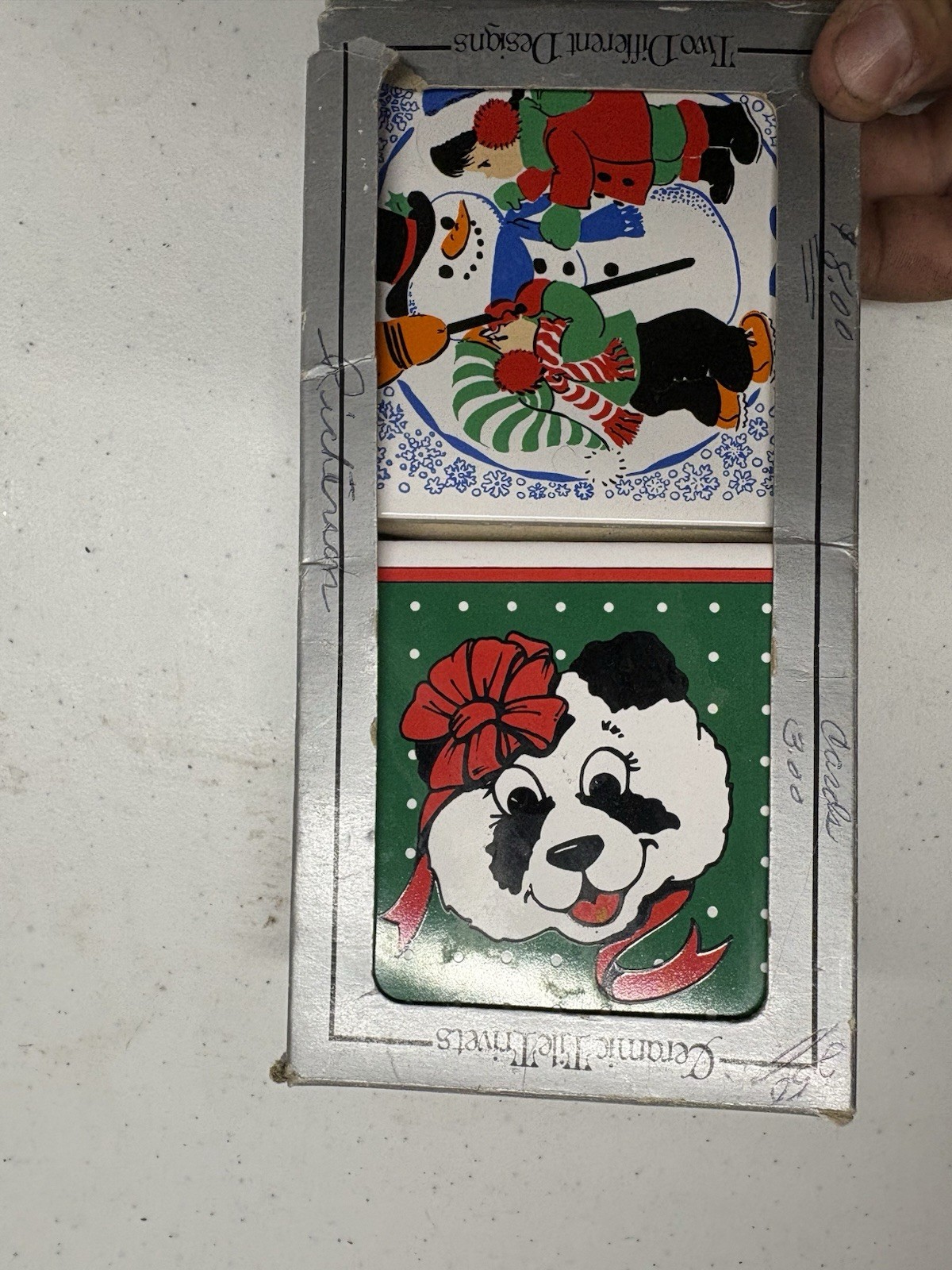 Vintage JASCO Christmas Ceramic Tile Trivets Set of 2 Taiwan Panda Snowman