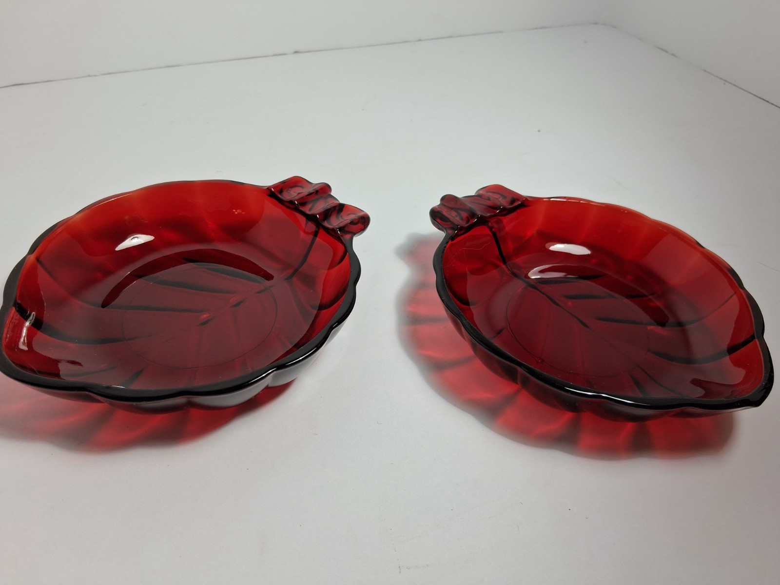 2 VTG  Anchor Hocking Royal Ruby Red Glass Leaf Shaped Ashtray 5 1/4” X 4 1/4”