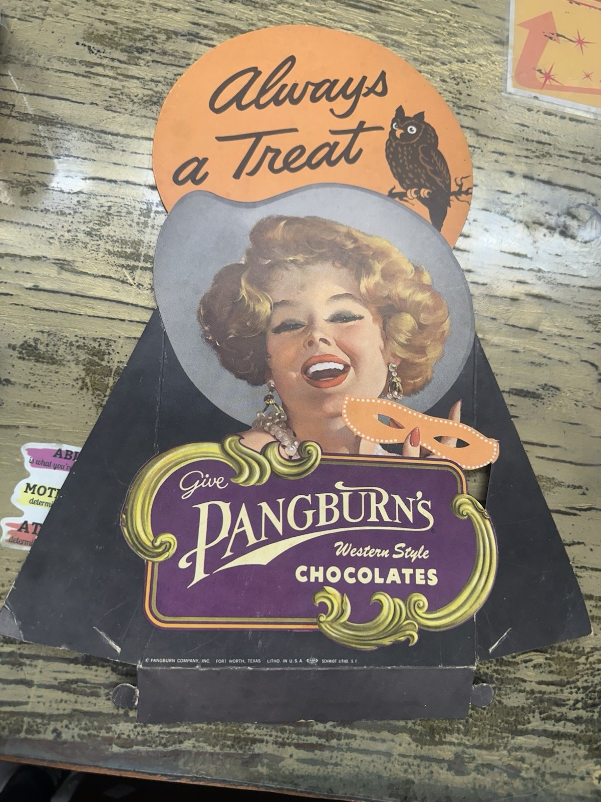 RARE Vintage Pangburn’s Halloween Candy Display Pin Up Mask Owl Advertising