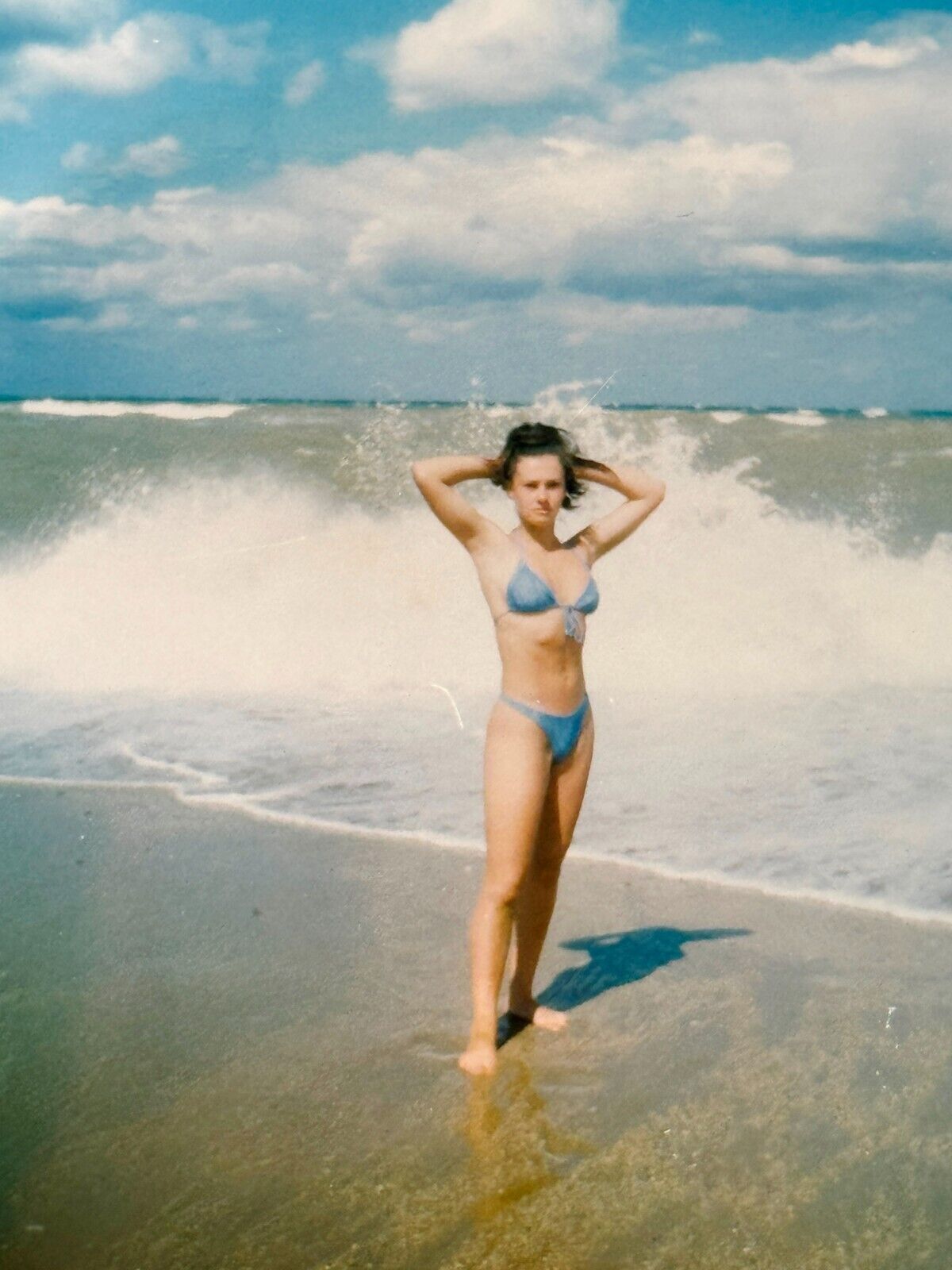 2000s Slim Pretty Young Woman Bikini Armpits Lady Sea Waves Vintage Photo