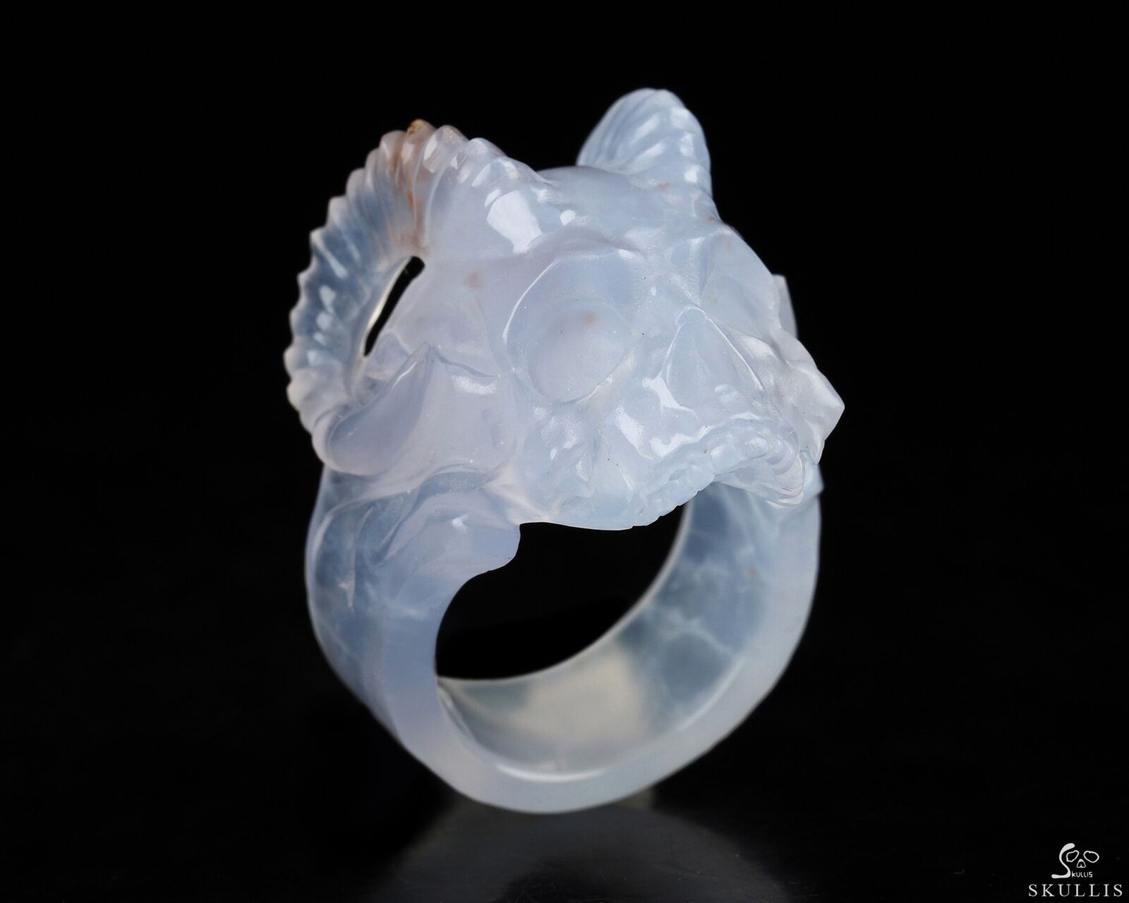 US Size 5.5# Blue Chalcedony Hand Carved Crystal Skull Ring, Skull Jewelry