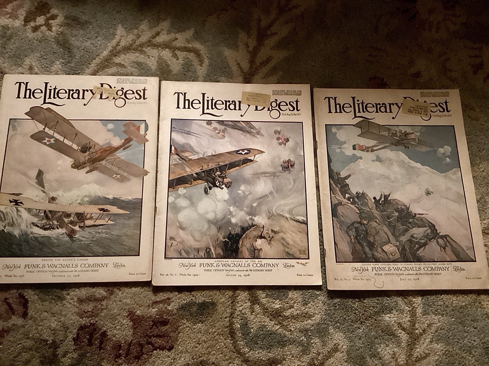 Literary Digest 1918 WWI Magazine 3pc Set Aviation Art Funk & Wagnalls History