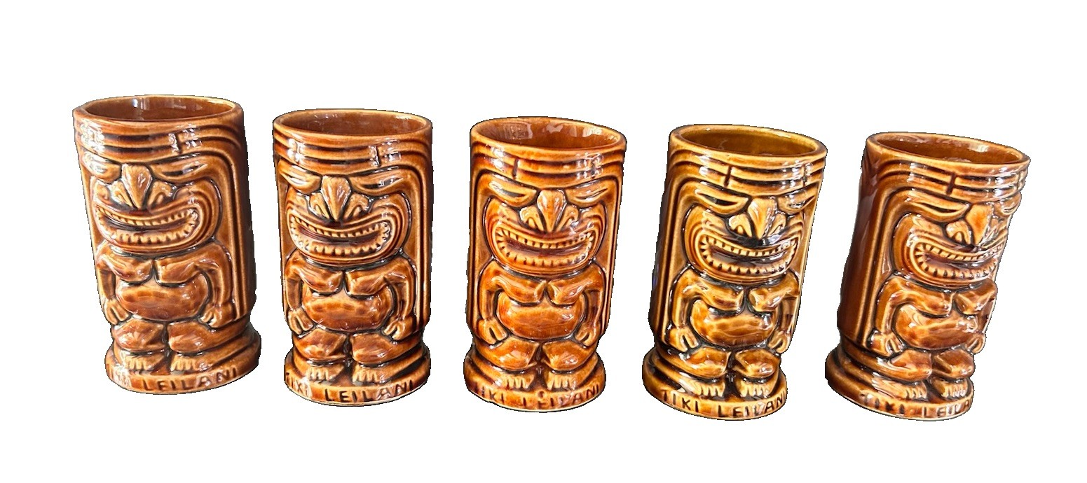 Vintage Set Of 5 Tiki Leilani Hawaiian Double Sided Ceramic Tumblers/ Mugs/Cups