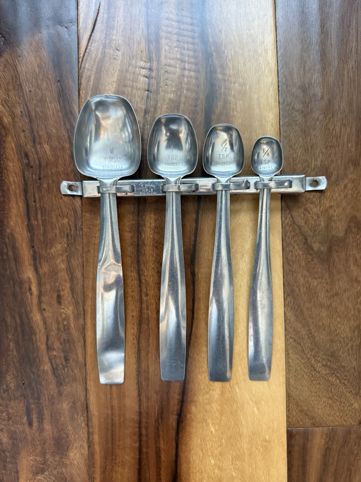 Vintage FOLEY Stainless Long Handle Nesting Measuring Spoons 4 With Wall Mount