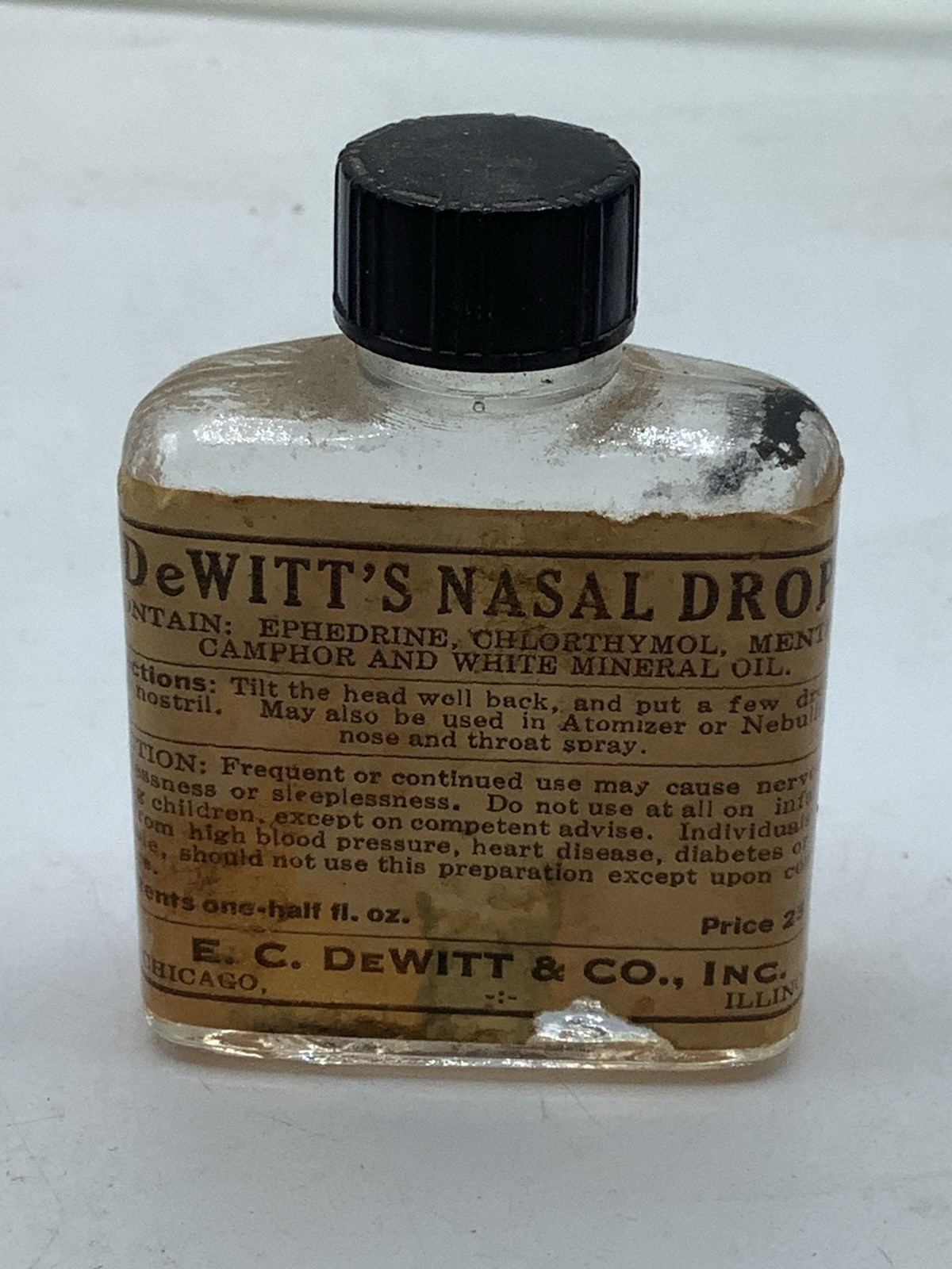 Vtg DEWITT\'S Nasal Drops Bottle w/ Label - E. C. DeWITT & Co. - 2.5\