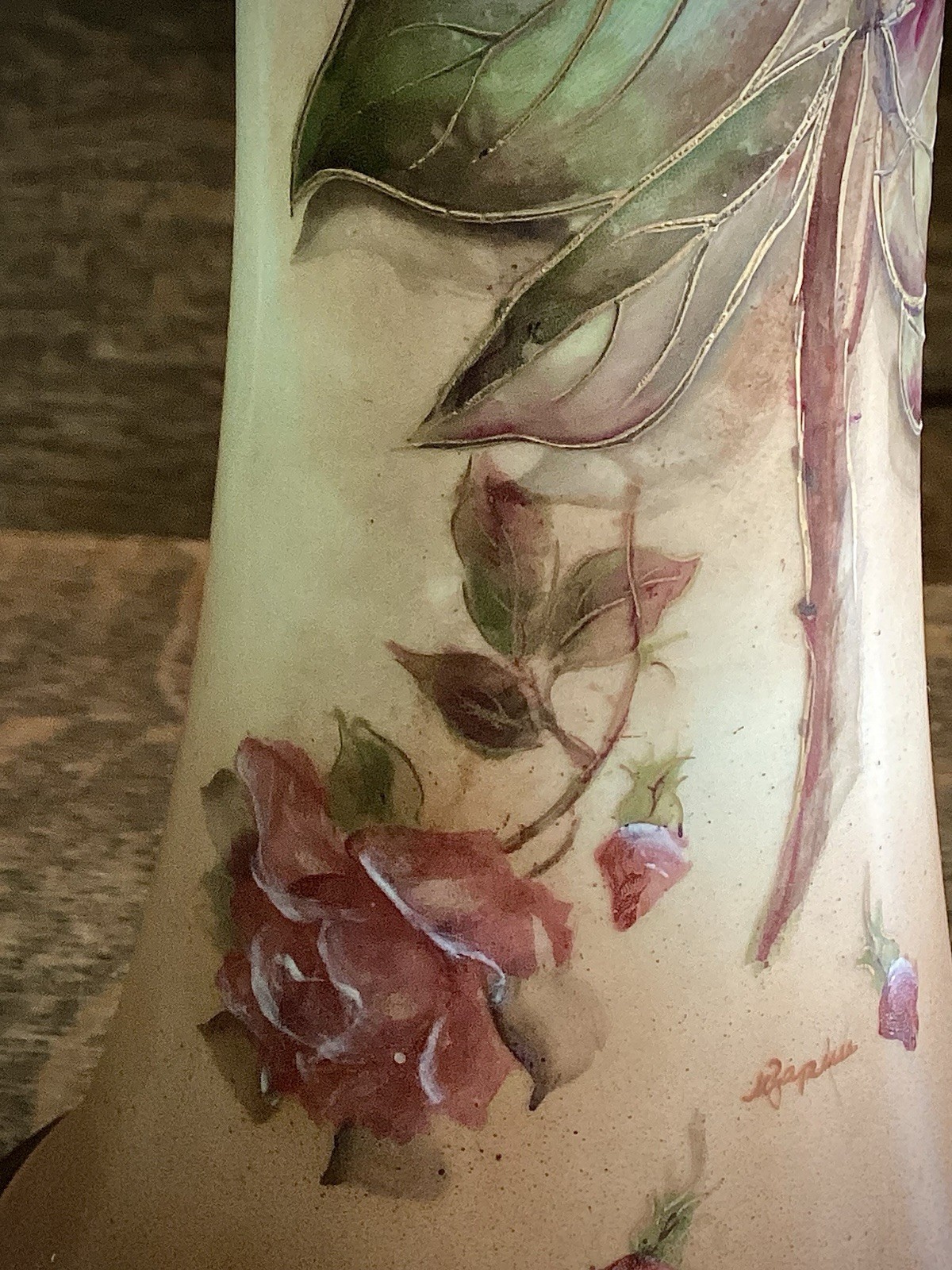 : Lamp Antique Hand Painted Porcelain Rose Floral Signed G Baphin Gilded Base