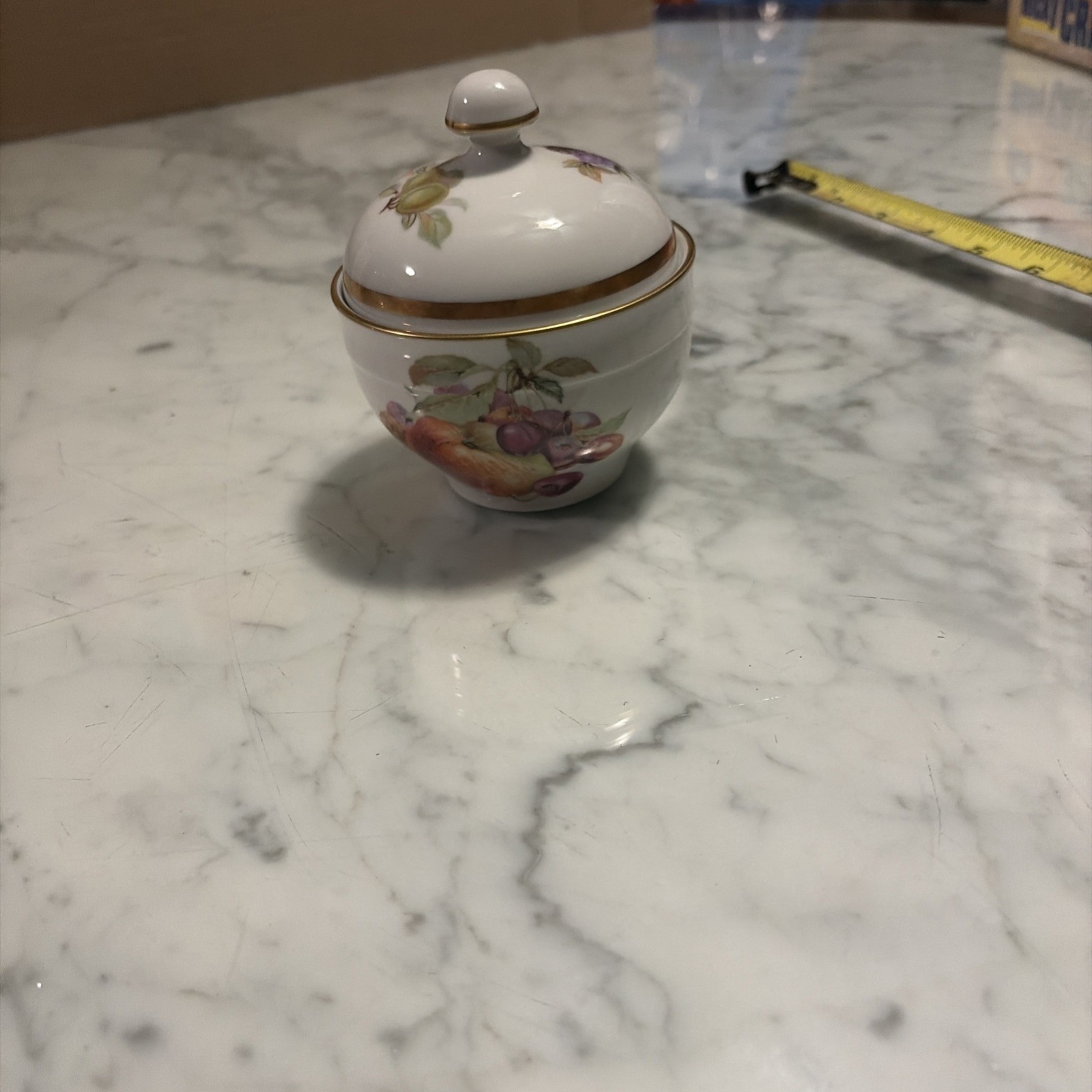 Vintage PMR Jaeger Bavaria Germany Orchard Fruit 3.5”Lidded Sugar Bowl Gold Trim