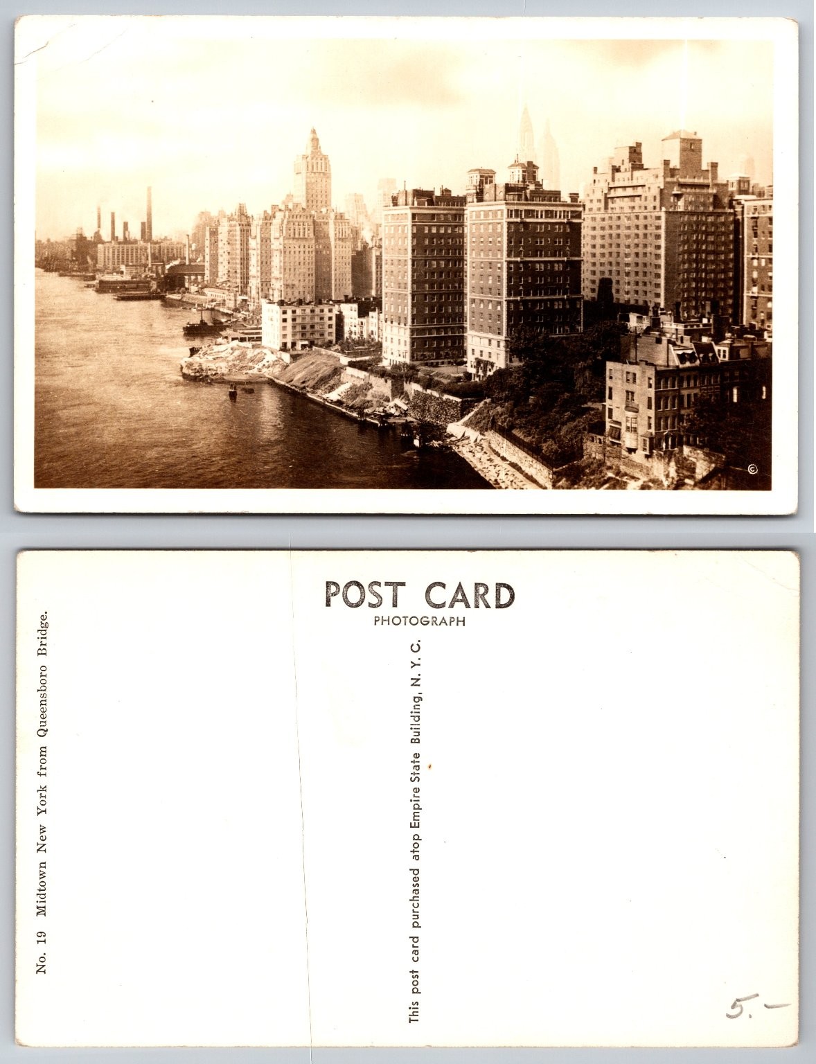 Vintage Midtown NYC East River View from Queensboro Bridge Postcard