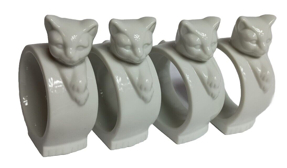 Set Of 4 White Cat Porcelain Napkin Rings