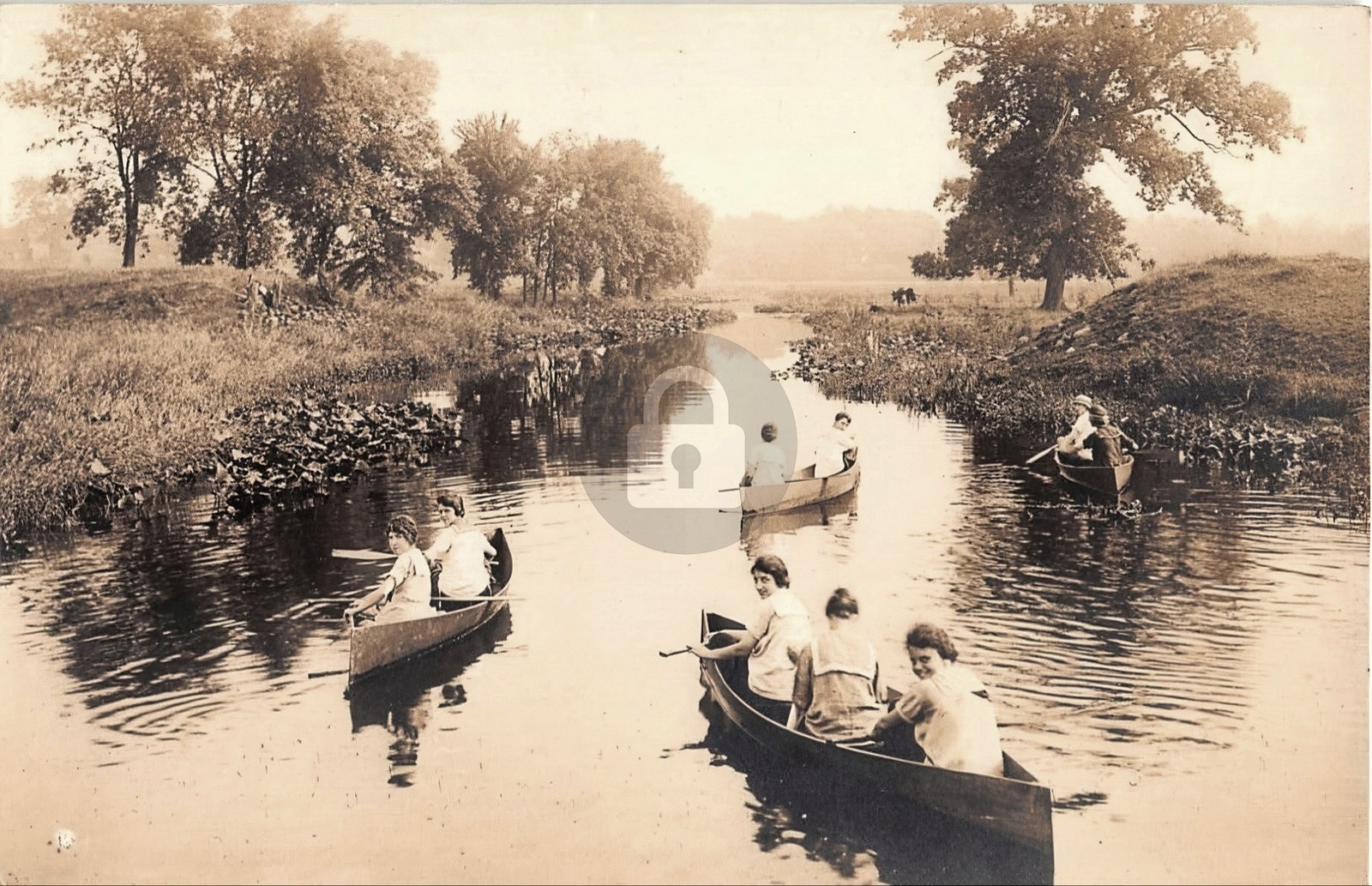 c1910 Girls in Canoes on Stream Nyack ? NY Rockland Co RPPC Photo Postcard COPY