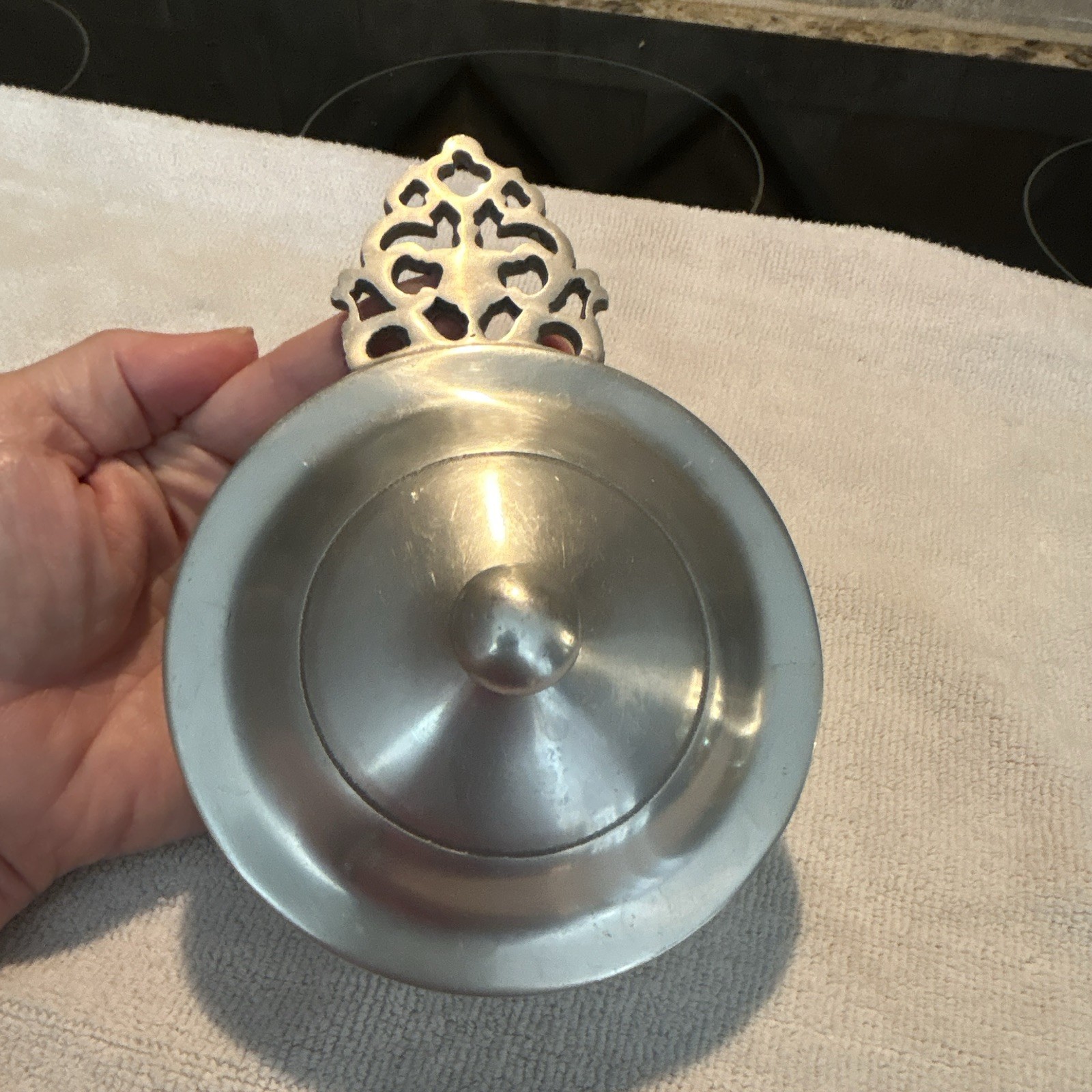 Vintage Stede Pewter Lidded Covered  Bowl with Pierced Handle,  Porridge Bowl