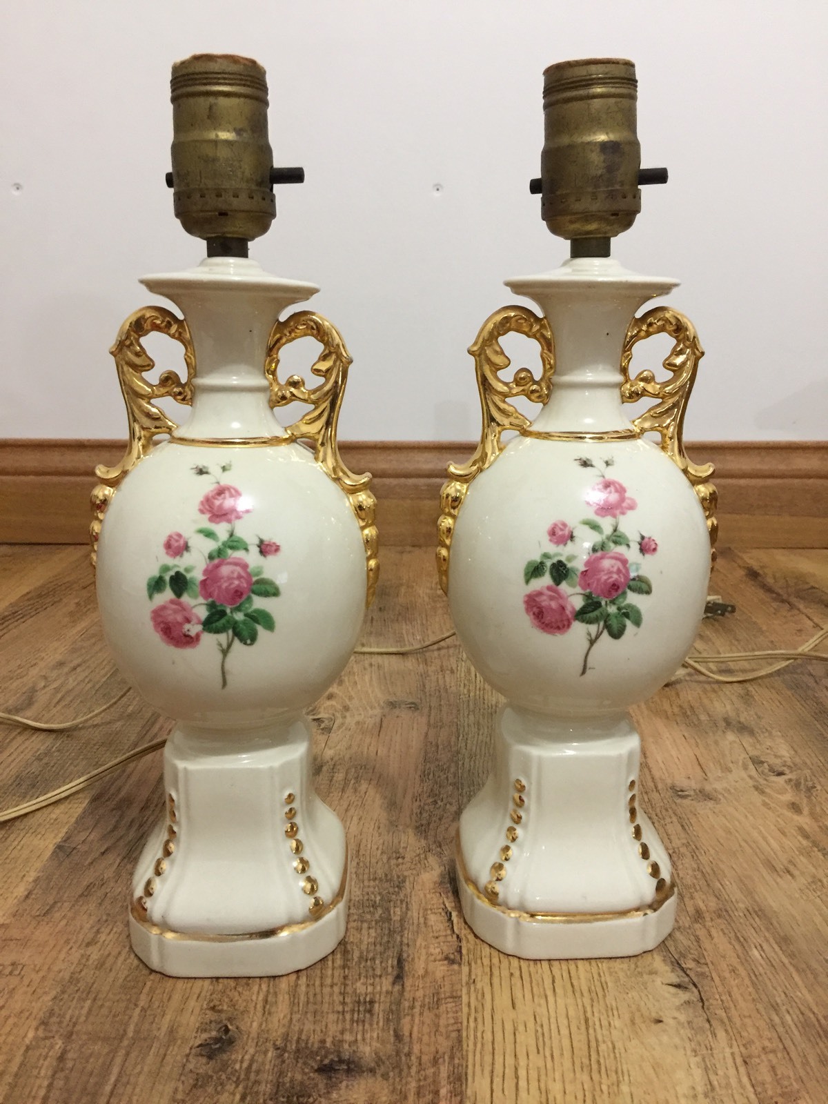 Vtg MCM Table Lamps Two Porcelain Gold Gilt Urn Style Double Arm Flower Boudoir