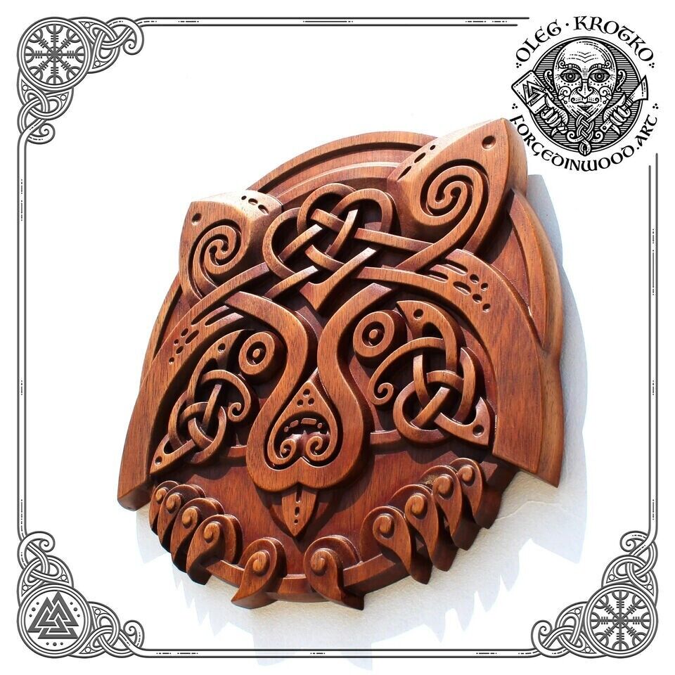 Cute Celtic raccoon wood carved plaque, animal design Norse Wall Decor Handmade