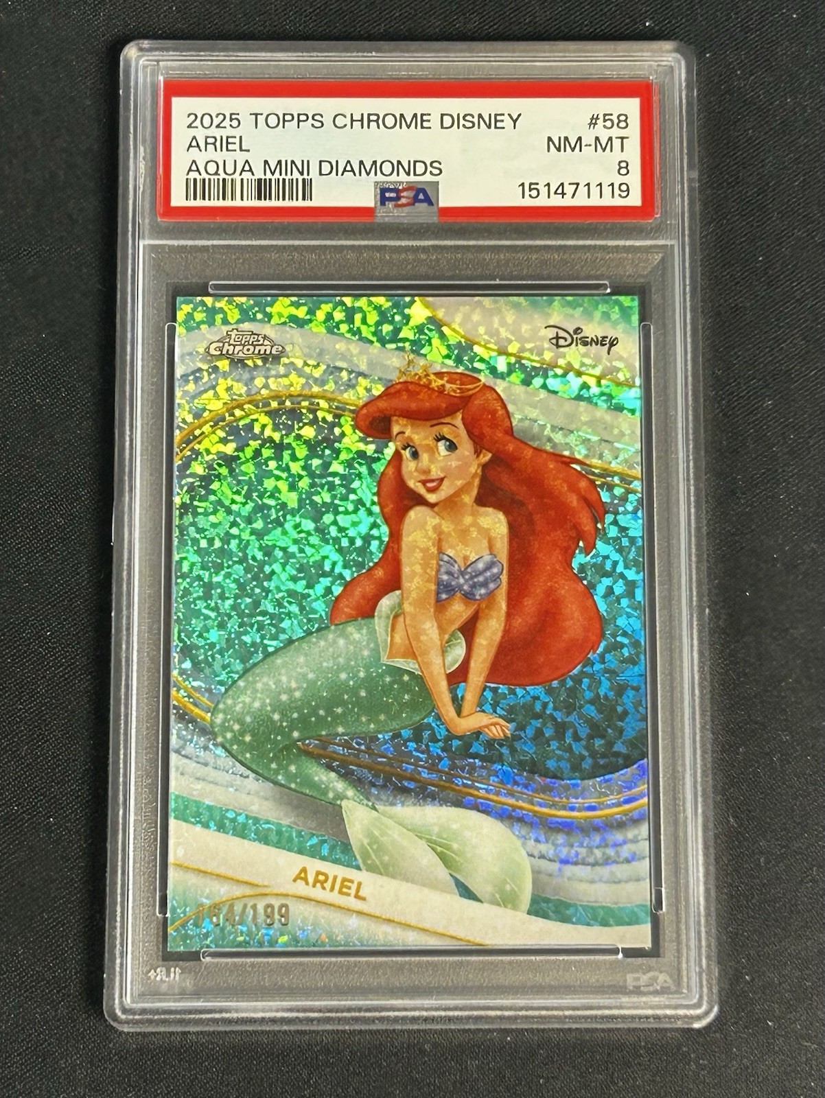 2025 TOPPS CHROME DISNEY Aqua mini Diamond #58 ARIEL #/199 PSA 8