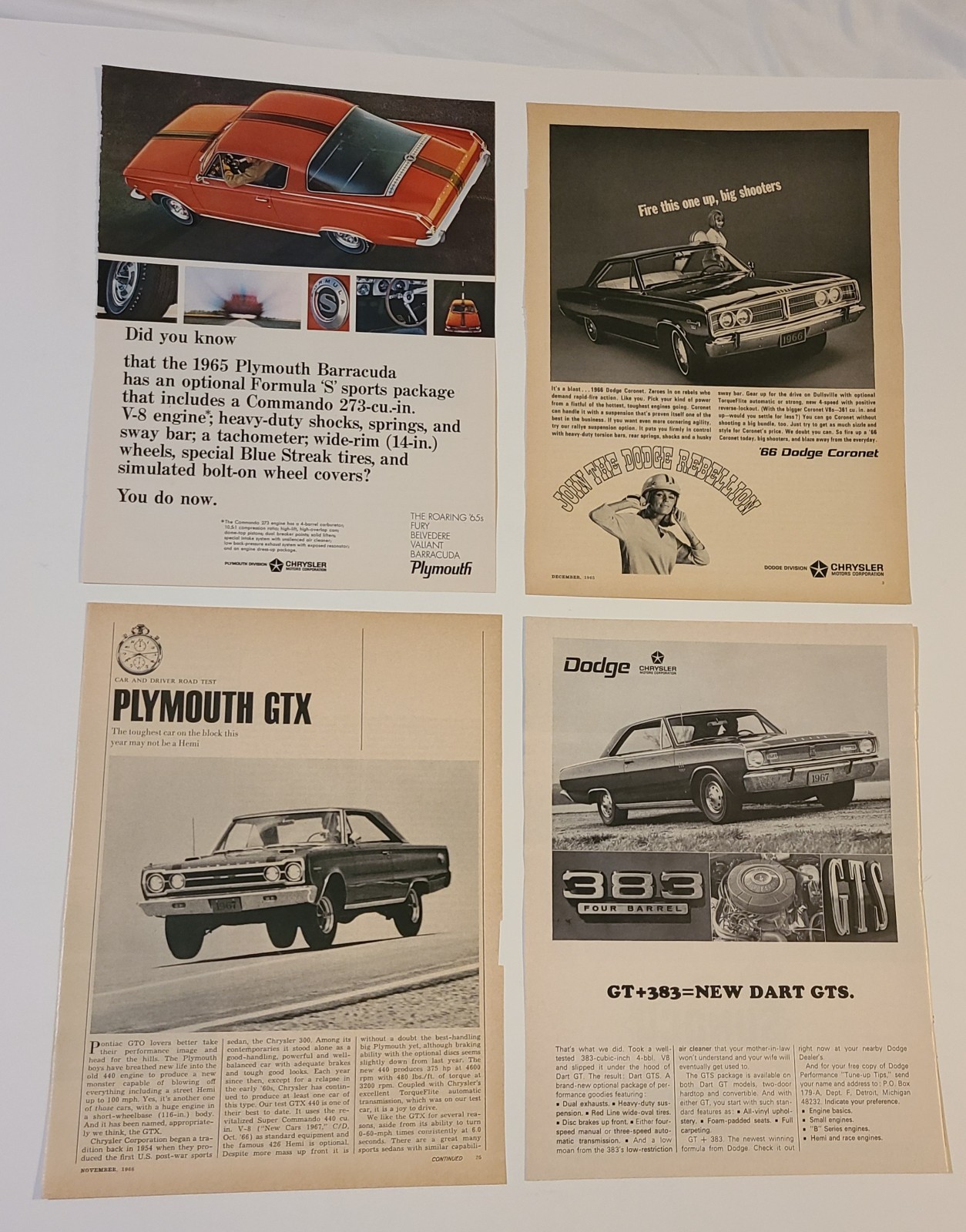 4 Pc vintage magazine advertisement 1965 Barracuda 66 Coronet 67 GTX 67 Dart GTS