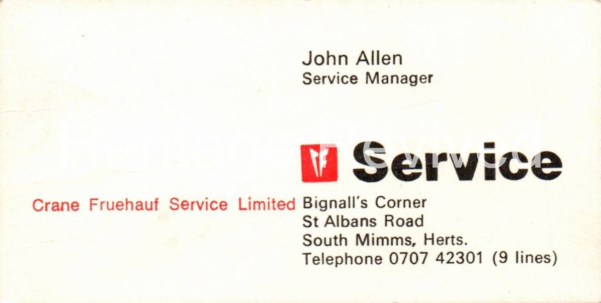VINTAGE CRANE FRUEHAUF SERVICE LTD BUSINESS CARD JOHN ALLEN SOUTH MIMMS HERTS
