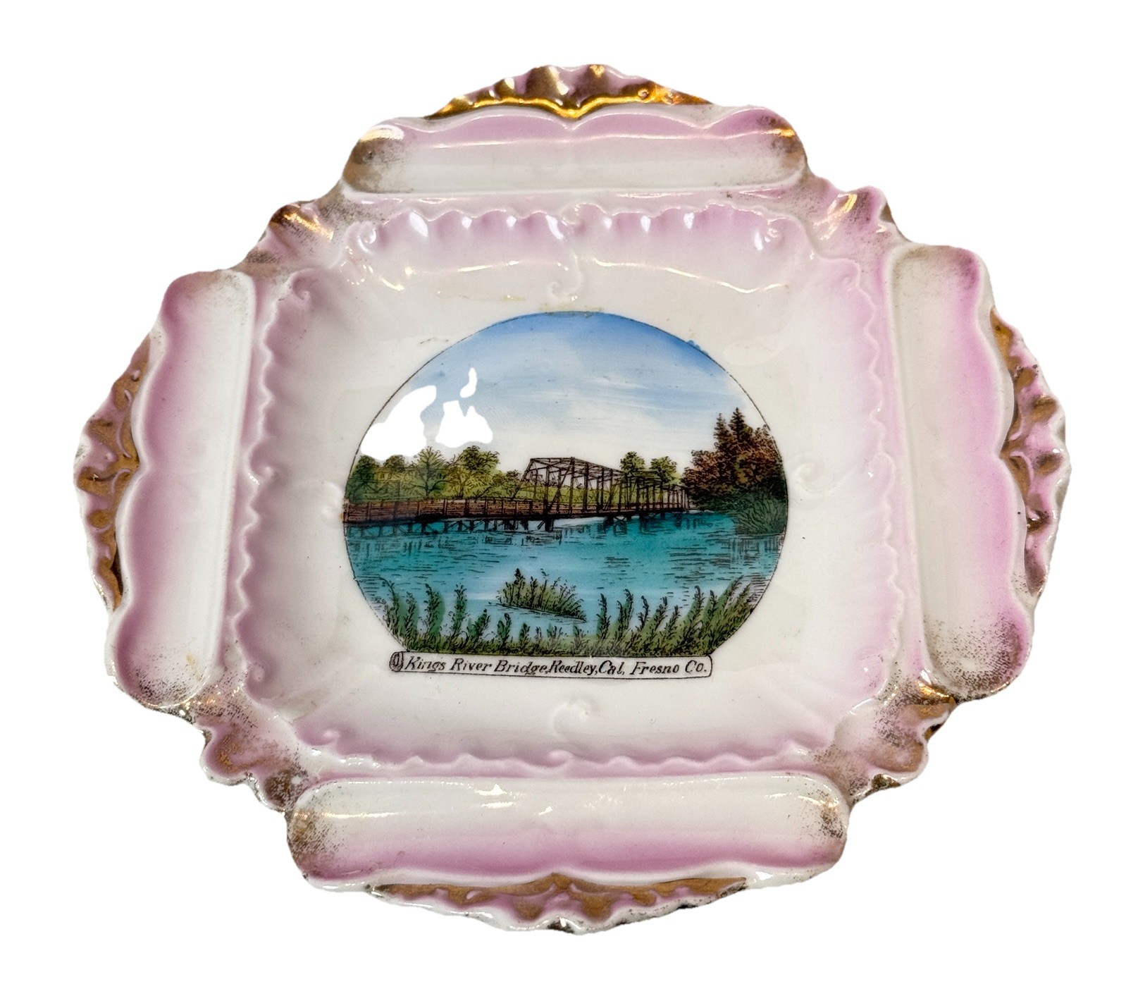 FRESNO, CALIFORNIA  Antique KINGS RIVER BRIDGE REEDLEY Souvenir China Dish Plate