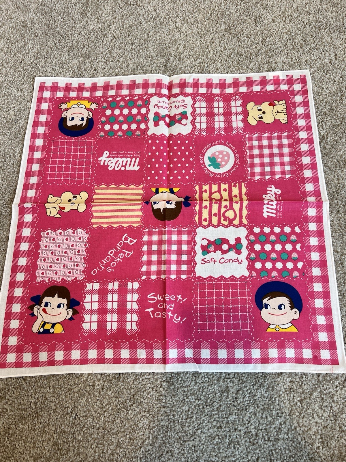 Vintage Fujiya Peko and Poko Character Handkerchief Light Red- Perfect Condition