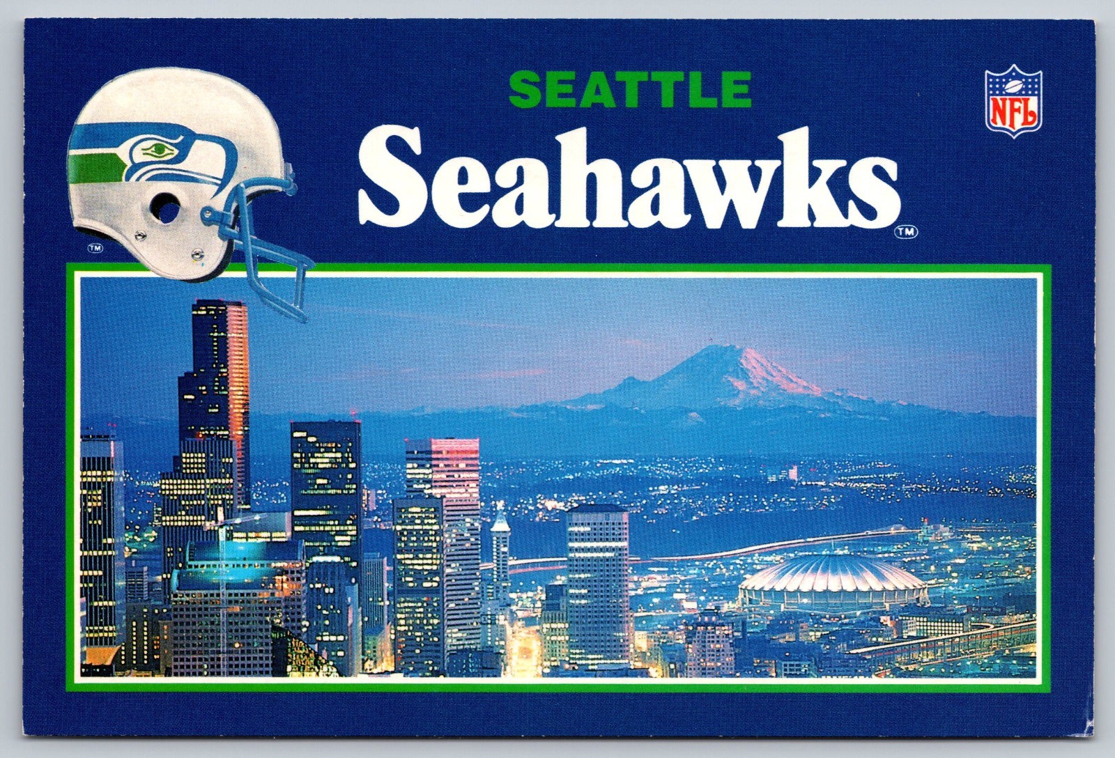 Vintage Seattle Seahawks Postcard Downtown Skyline Kingdome & Mount Rainier 4x6