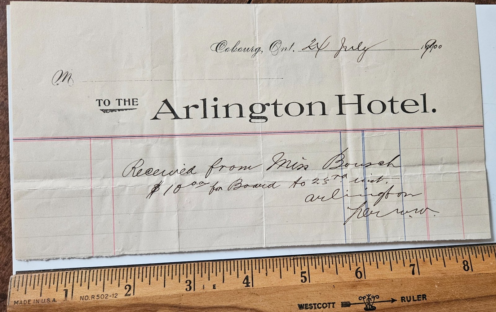 Antique 1900 Arlington Hotel Billhead Receipt Cobourg Ontario Canada Ephemera