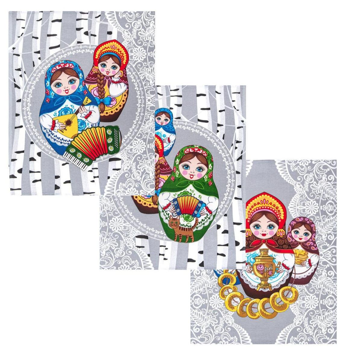 3pc Russian Matryoshka Kitchen Towel Set Absorbent Dishcloth Cotton Hand Towels