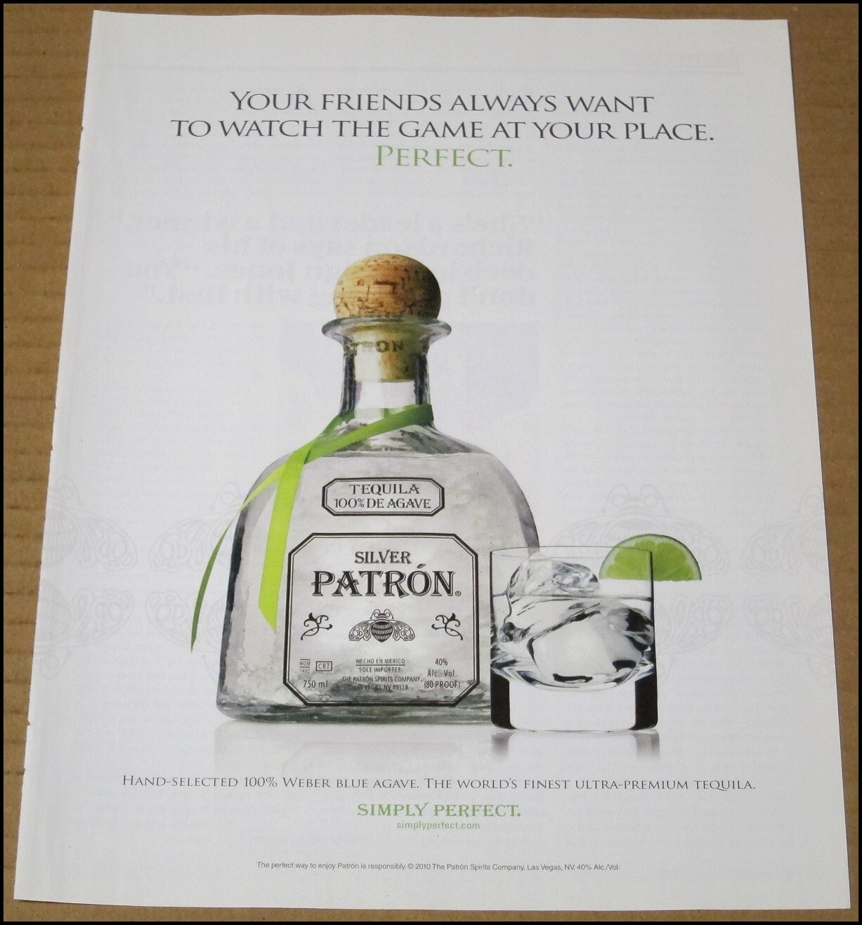 2010 Silver Patron Tequila Print Ad Advertisement Vintage Simply Perfect