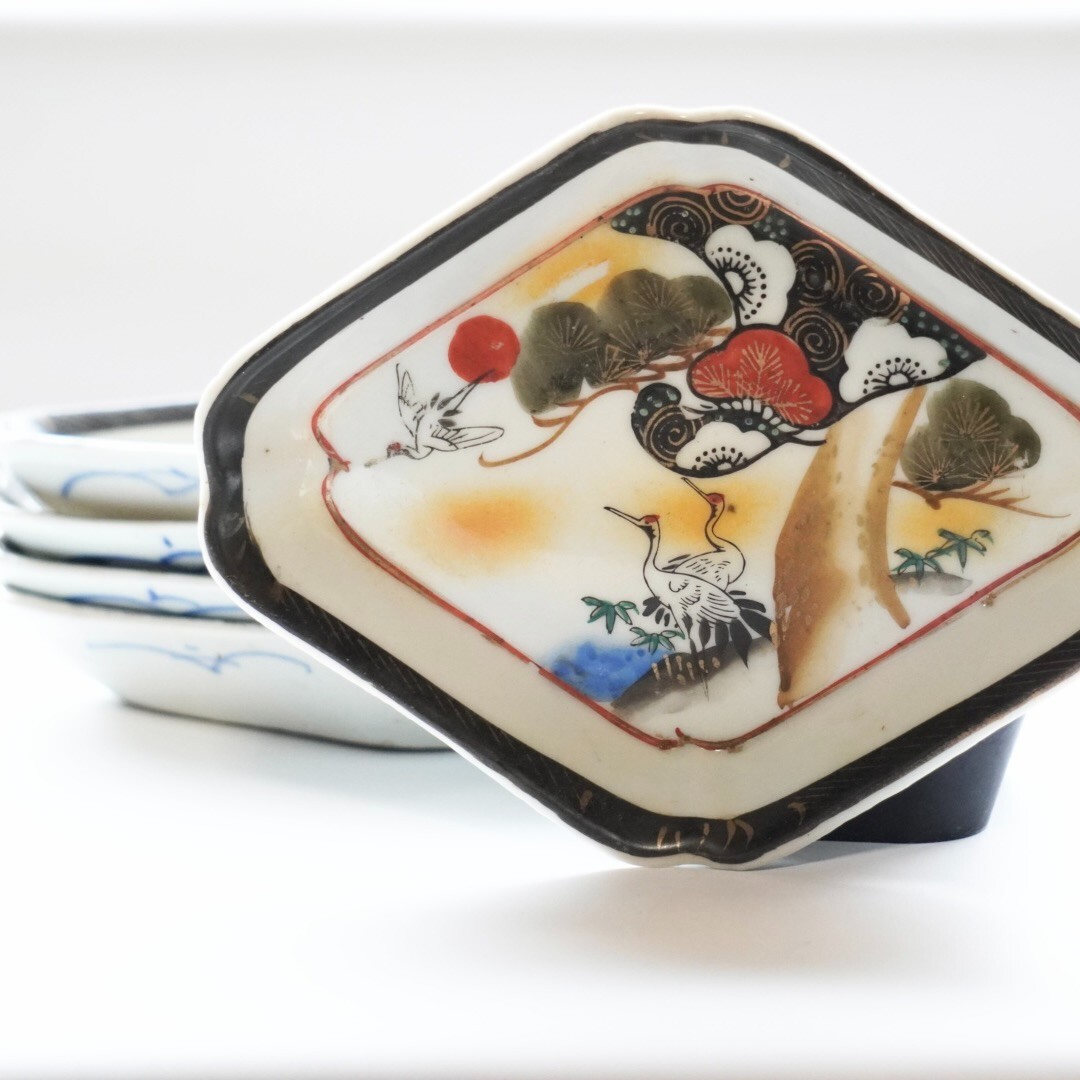 Vtg Kutani Ware Japanese Pottery Kutani Yaki Plate Set Of 5 Painted Crane