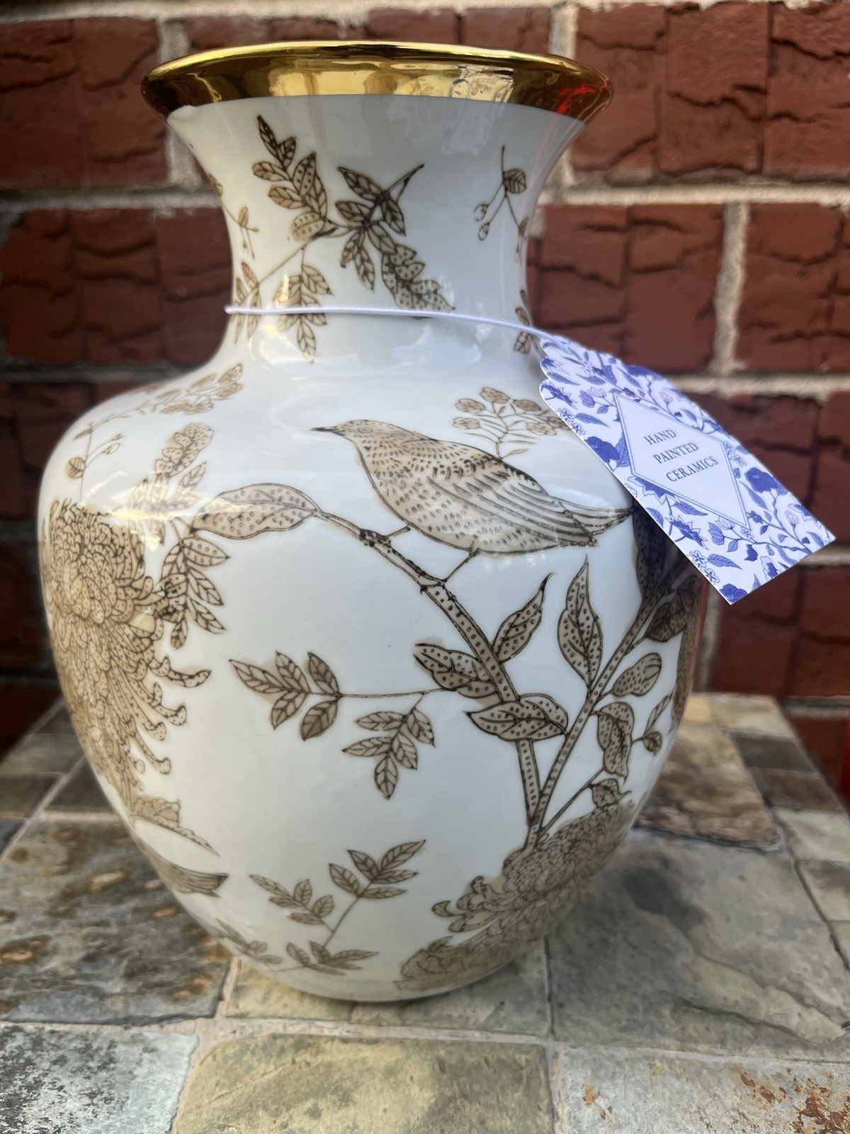 Hand-Painted Ceramic & Gold Rim Chinoiserie-style  Vase with Birds & Vines .NICE