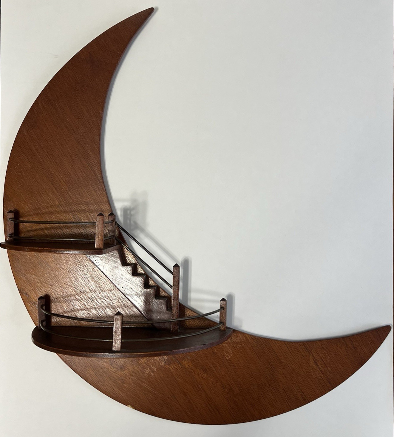 Vintage MCM Crescent Moon Stairway Wall Shelf Wood Hanging Display Folk Art 24”