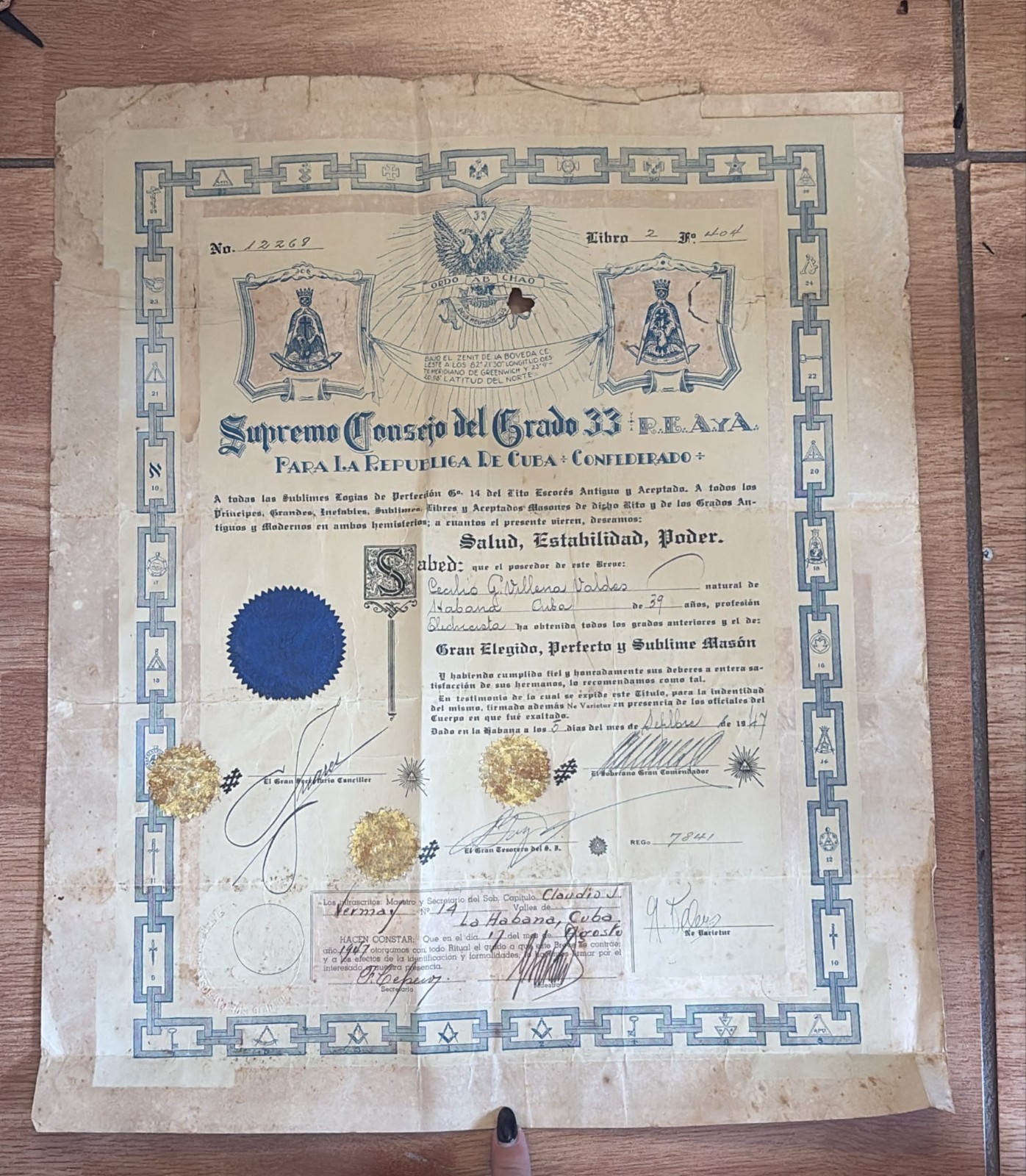 RAREST 1947 CUBA CUBAN MASONIC DIPLOMA AWARD GRADE 33 DOCUMENT