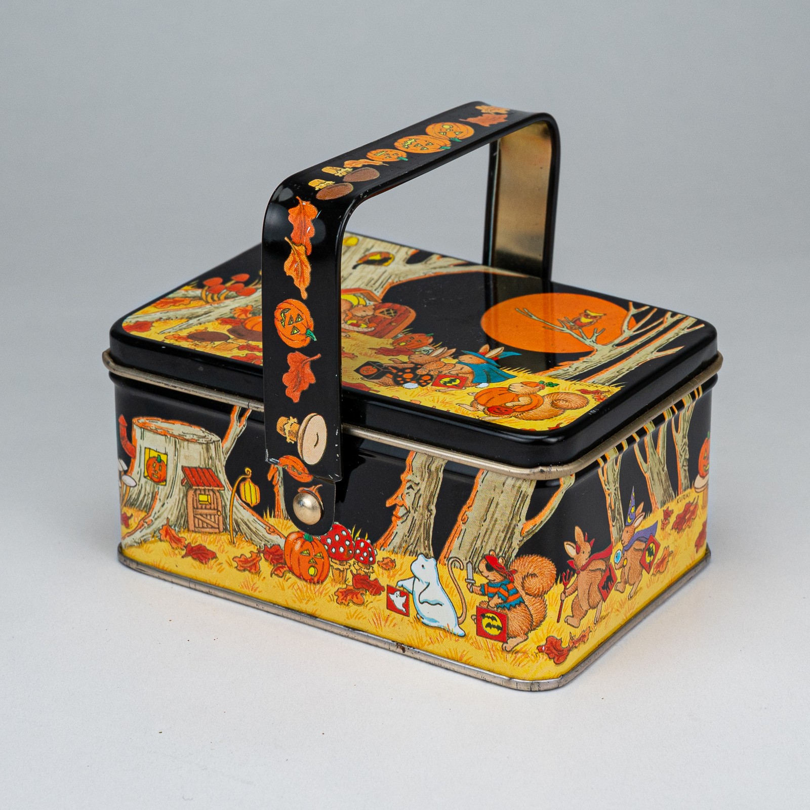 Vintage Cheinco Halloween Tin Basket Box Litho Metal Woodland Animals