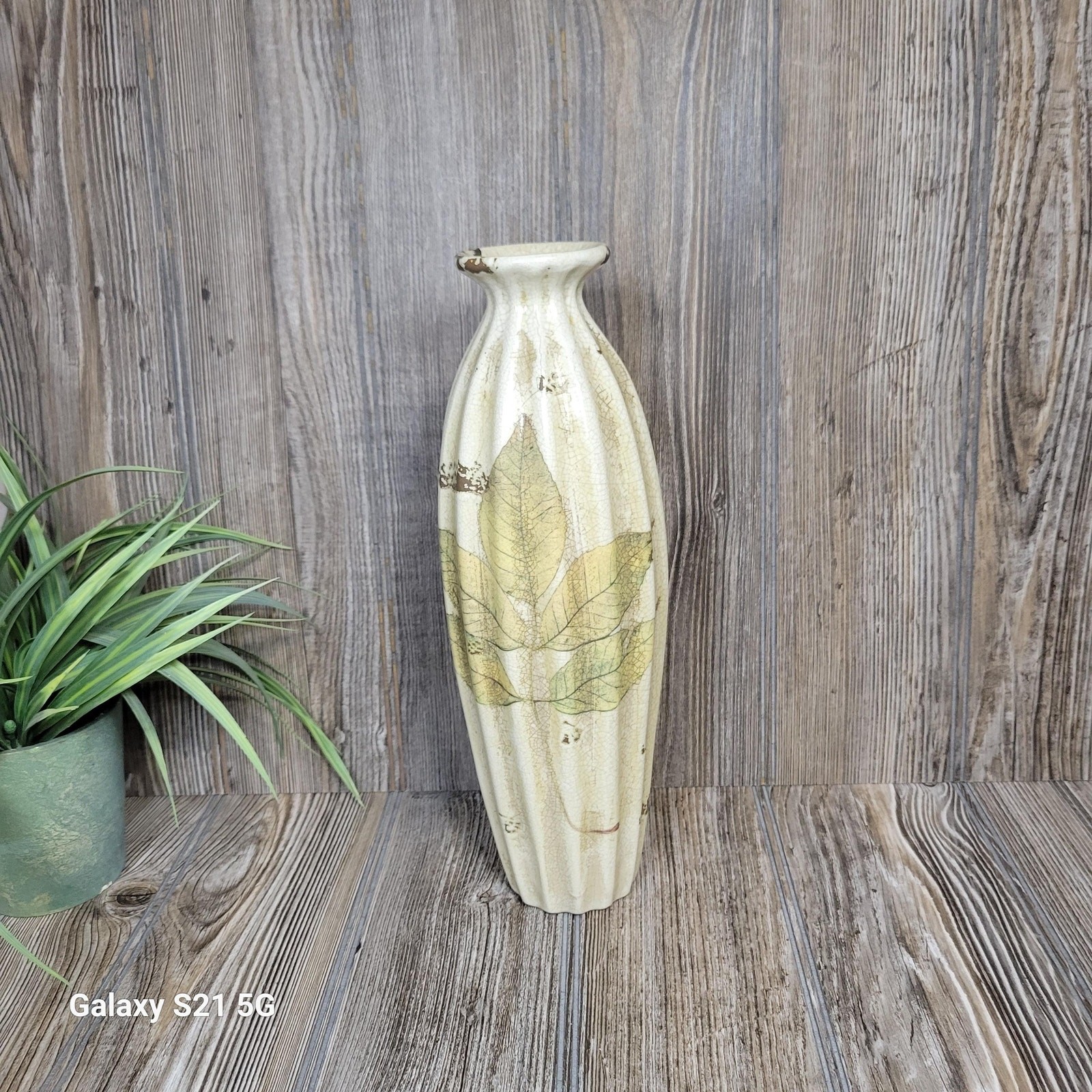 Vintage Green Leaf Vase, Ceramic Bottle Neck Vertical Rib Pottery