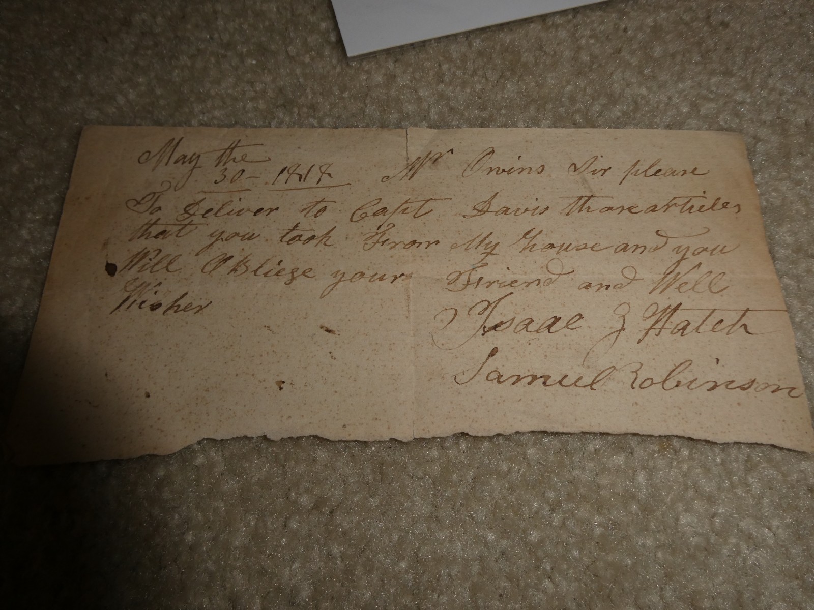 Original 1818 Document Note Samuel Robinson
