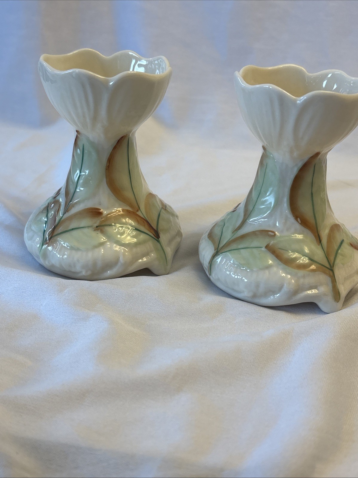 Beleek Candle Holders Spill Vases Set of 2 Irish Ireland 6th mark