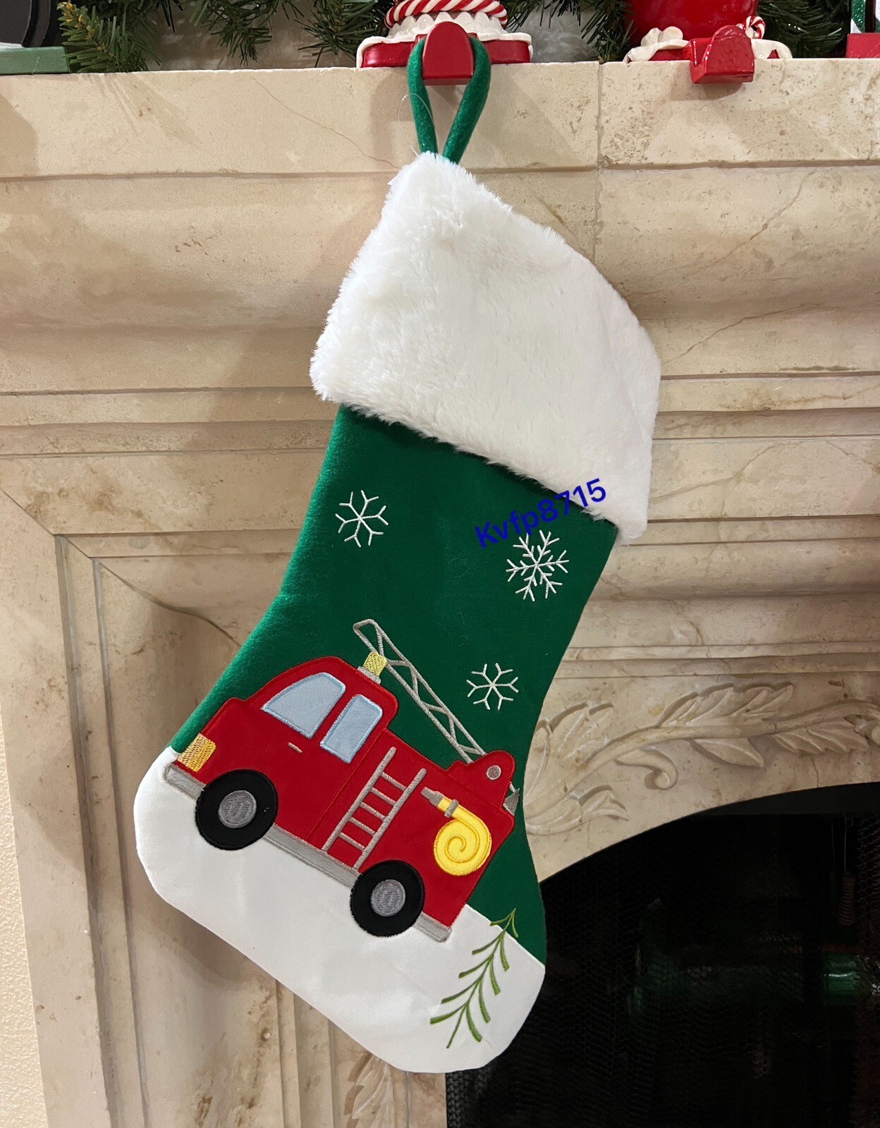 Green And White Fire Truck Stocking Cozy Christmas Stocking Holiday Kids Adult
