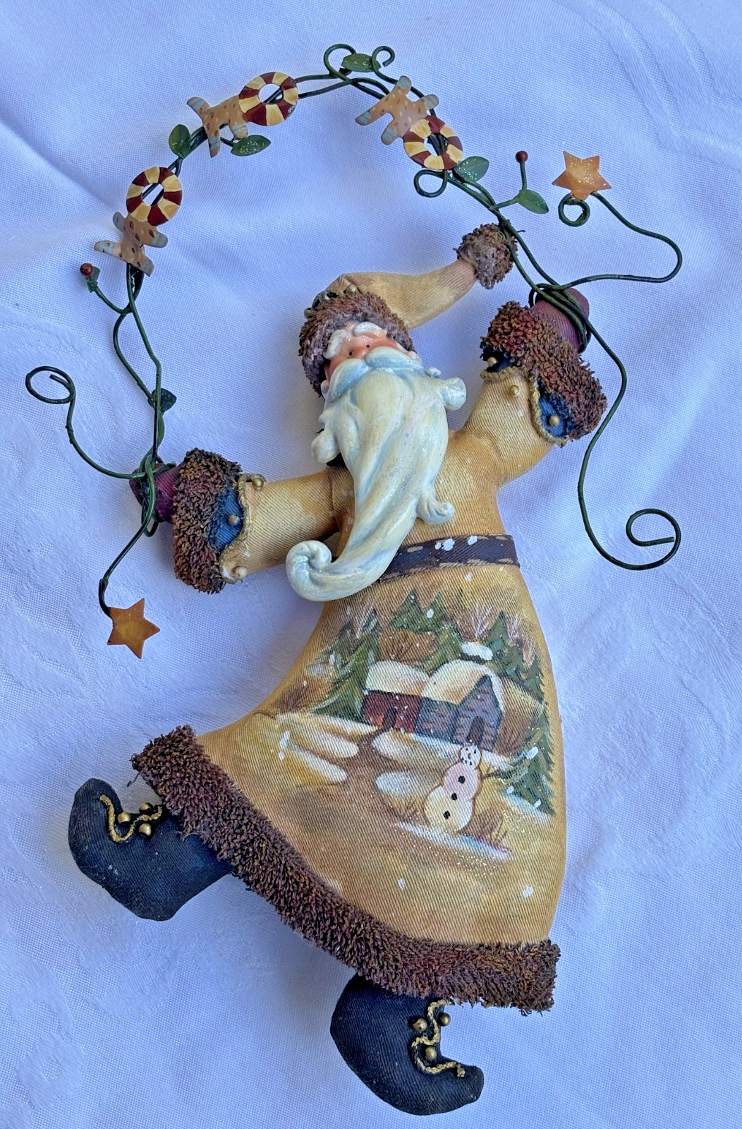 Vintage Primitive Folk Art Santa Ornament Hand Painted Winter Cabin Fabric Resin