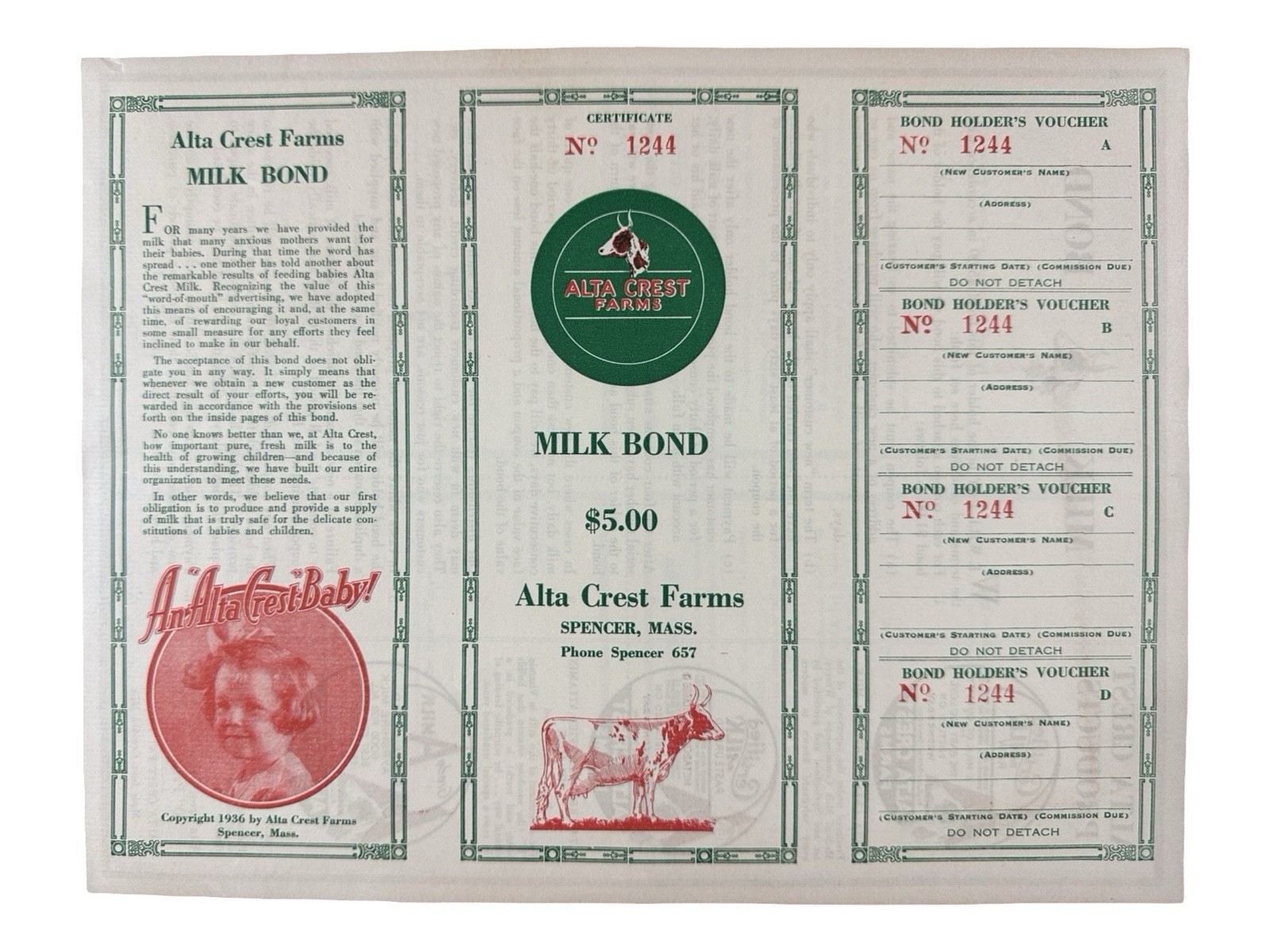 1936 Alta Crest Farms Milk Bond Coupon Sheet Spencer MA Dairy Advertising