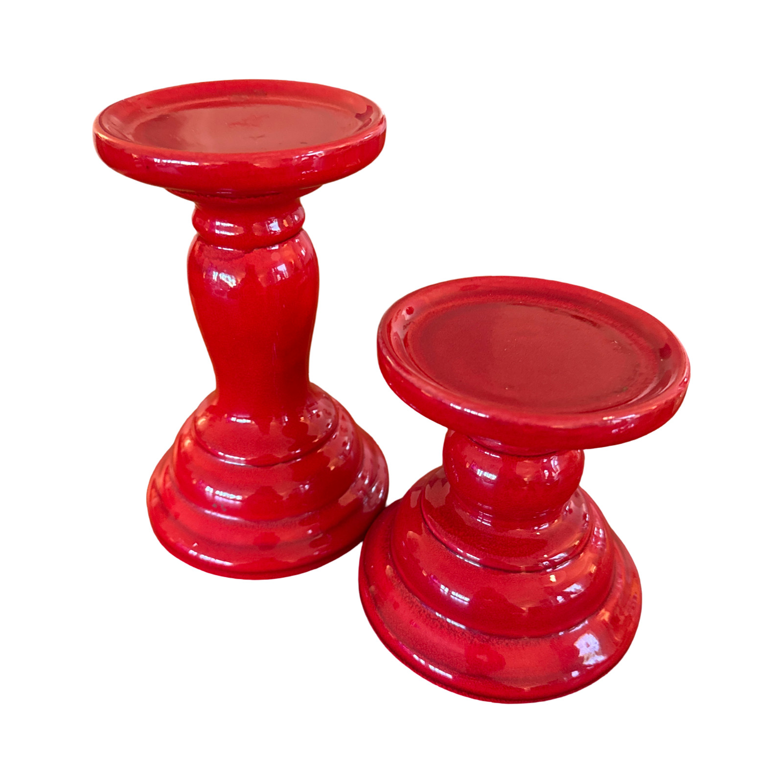 Pair 1970s California Pottery Red Glazed Candle Pedistal Holders