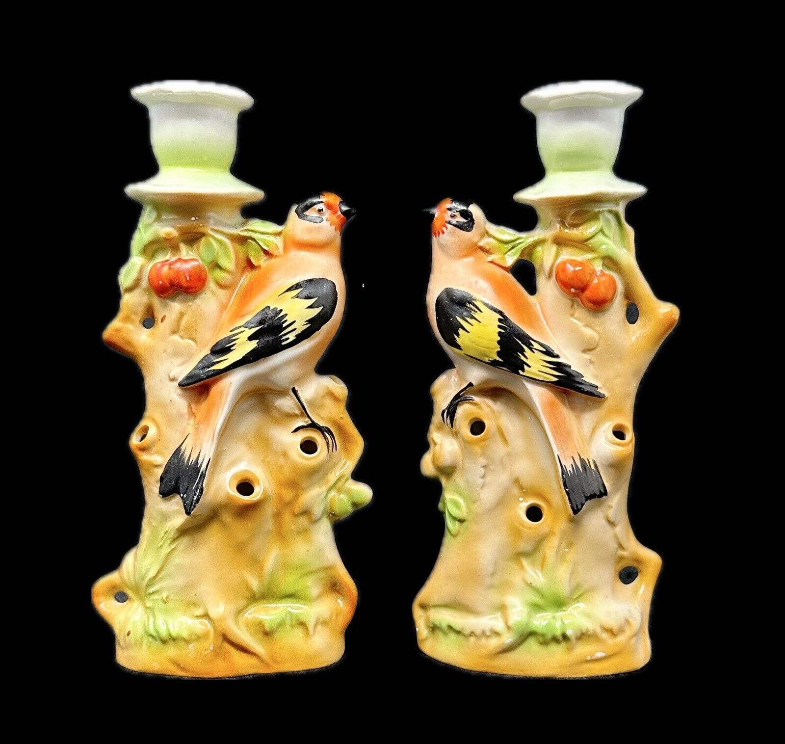 Pair Birds In Cherry Tree Candleholders Vase W Flower Frog Porcelain VTG Germany