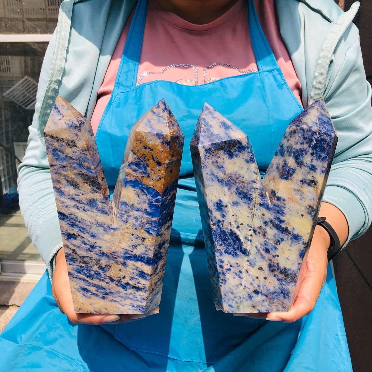 2pcs 7.59LB Natural Blue Vein Stone Crystal Columns Polishing Restoration 2236