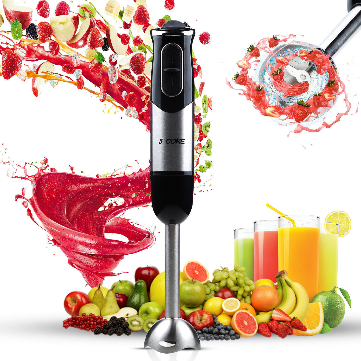 Immersion Blender Handheld Electric Mixer Stainless Steel With Titanium Blades