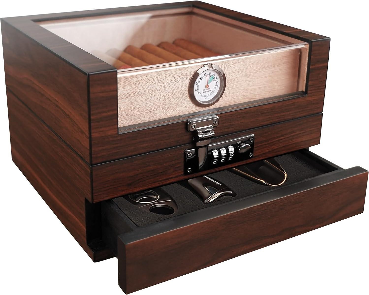 Cigar Humidor, Handcrafted Top 270° Spanish Cedar Cigar Box with Easy 