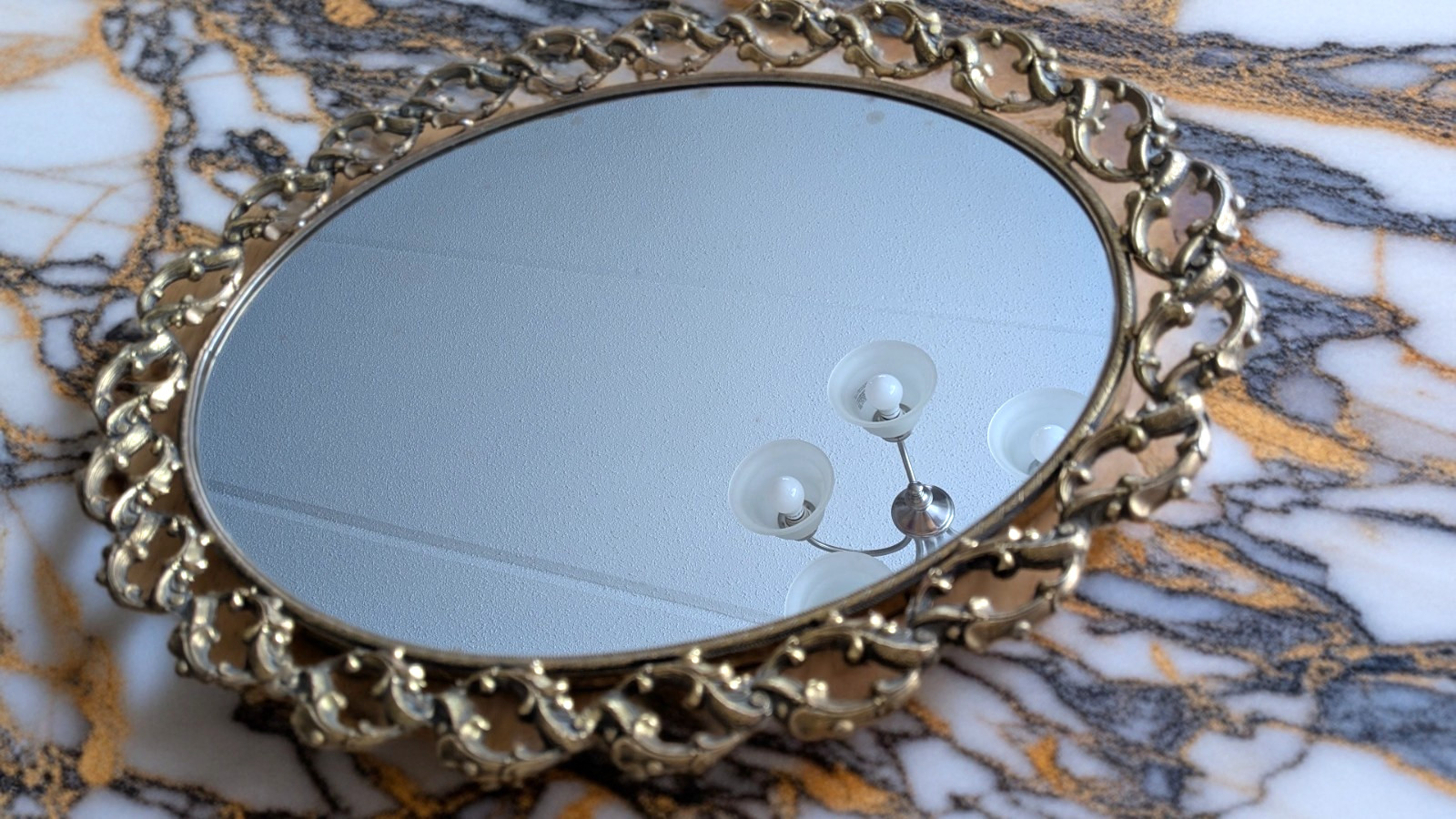 Vintage Ornate Solid Brass Mirror Vanity Tray Victorian Style Dresser Decor 17 L