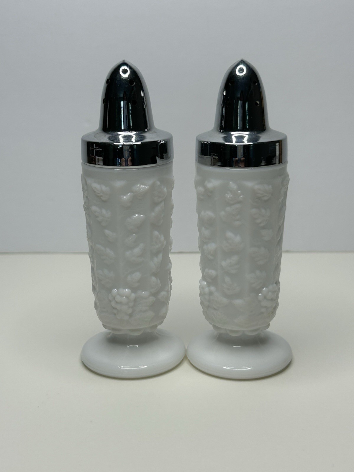 Westmoreland Milk Glass Hobnail Salt & Pepper Shakers w/ Grape Vine Design