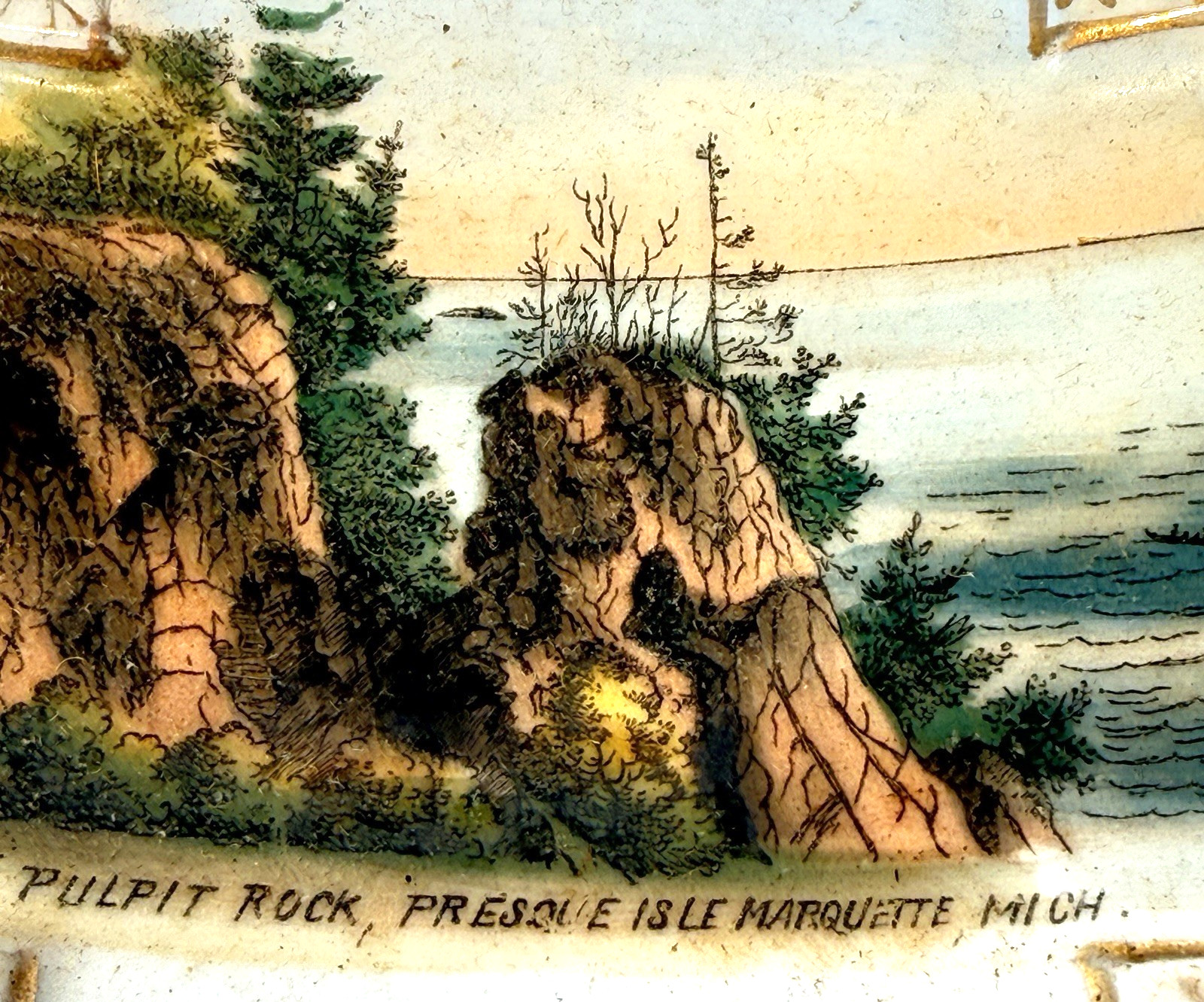 MARQUETTE, MICHIGAN MI ANTIQUE PULPIT ROCK Souvenir China Dish Painted Plate MARQUETTE, MICHIGAN MI ANTIQUE PULPIT ROCK Souvenir China Dish Painted Plate