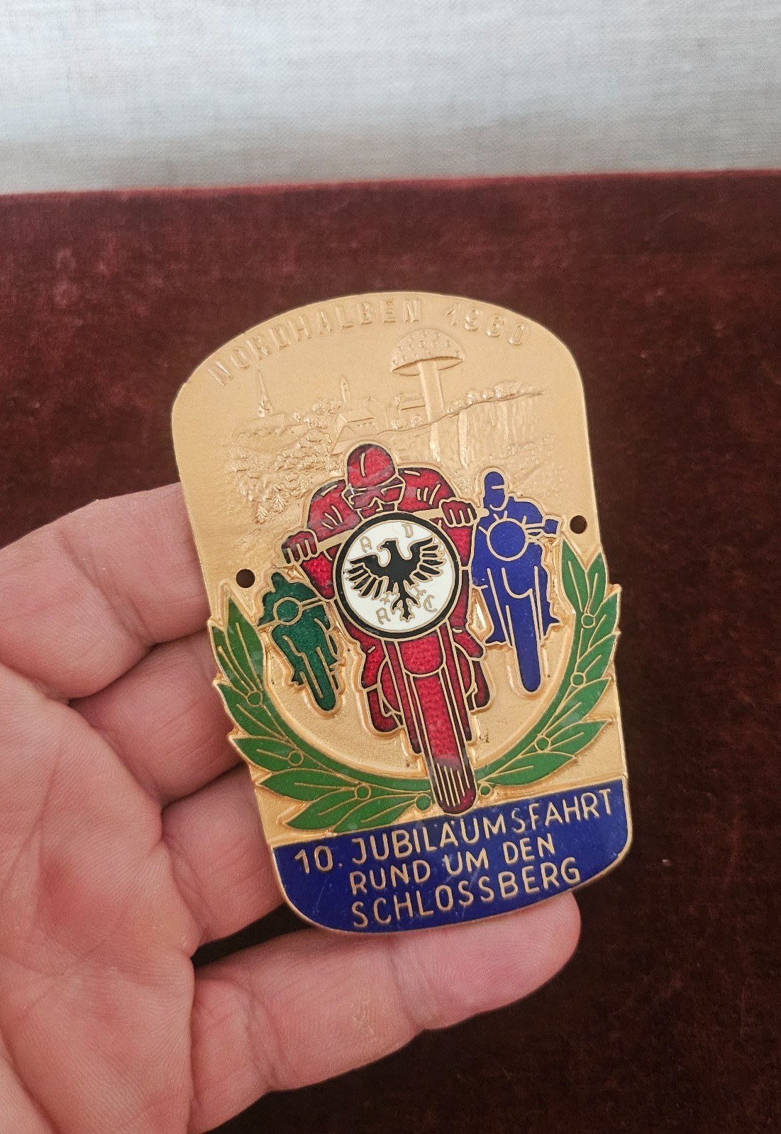 VINTAGE ENAMEL CAR / MOTORCYCLE BADGE # ADAC RALLY AROUND SCHLOSSBERG NORDHALBEN