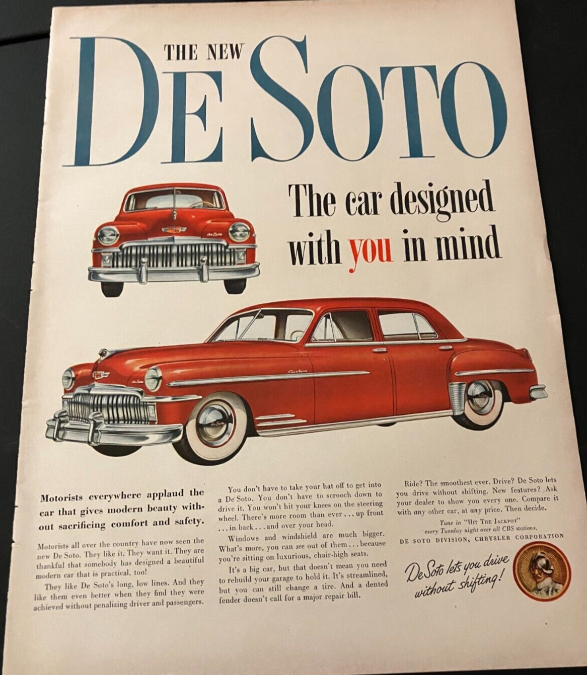 1949 DeSoto Custom Sedan - Vintage Original Automotive Color Print Ad / Wall Art