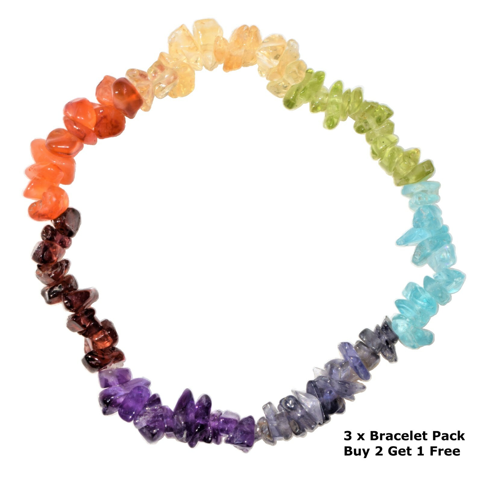 [3] CHARGED 7 Chakra Crystal Chip Stretchy Bracelets + 3 x Selenite Puffy Hearts