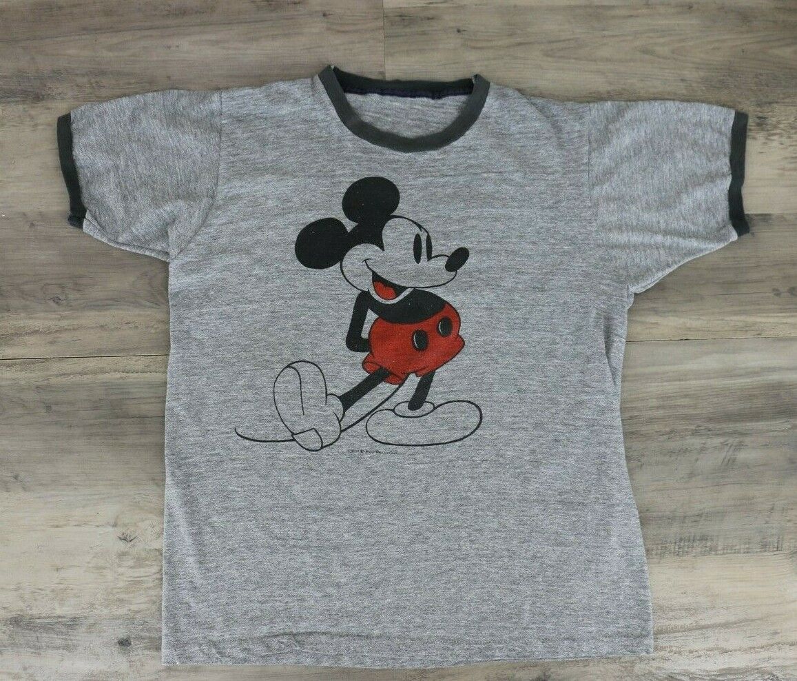 Walt Disney Productions Vintage Mickey Mouse Crew Neck T-Shirt Size Small Gray
